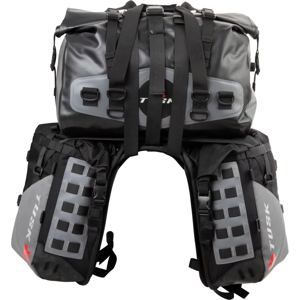 Tusk Highland X2 Rackless Luggage System w/Medium Dry Duffel Tail Bag Standard Heat Shield For Kawasaki KLR650 Traveler ABS 2022