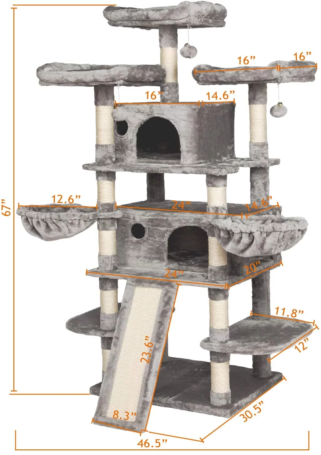 Allewie Grey 68 Inches Multi-Level Large Cat Tree with Cat Condo and Sisal Scratching Posts and Hammocks