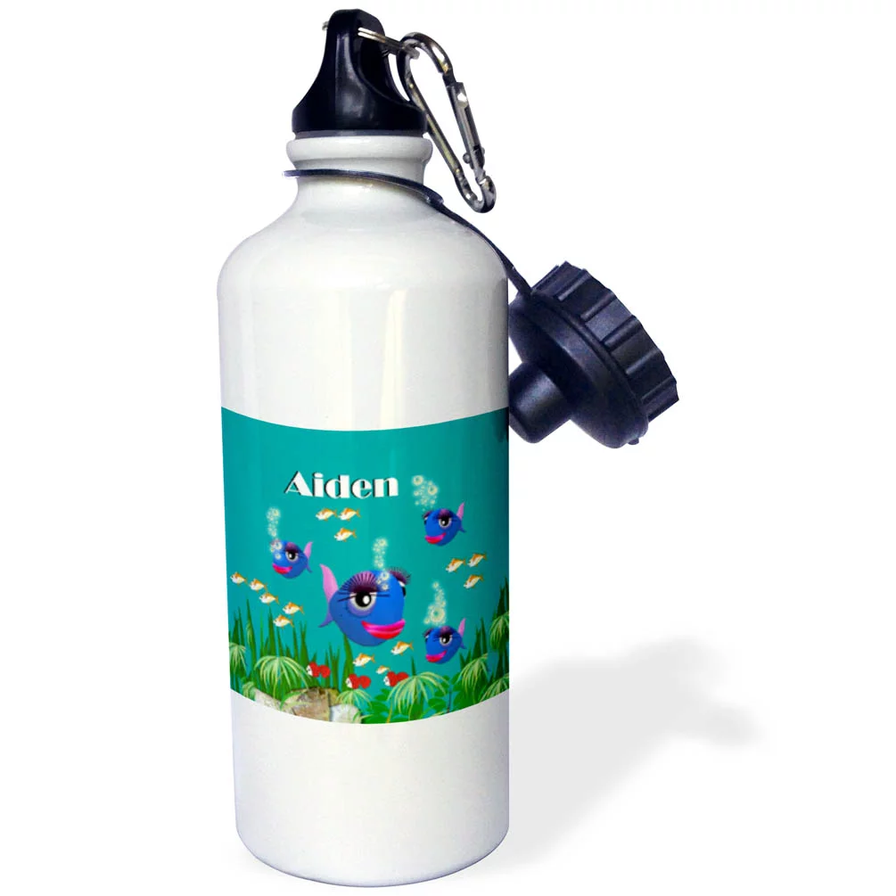 3dRose This vibrant artwork of Fish under the sea is personalized with the name Aiden, Sports Water Bottle, 21oz
