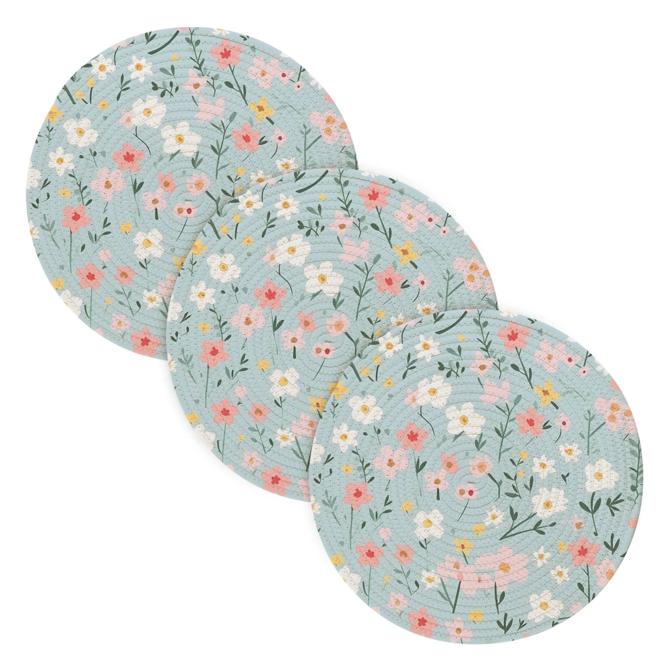 Floral Flowers Blue 3 PCs Pot Holders Trivets Kitchen 15