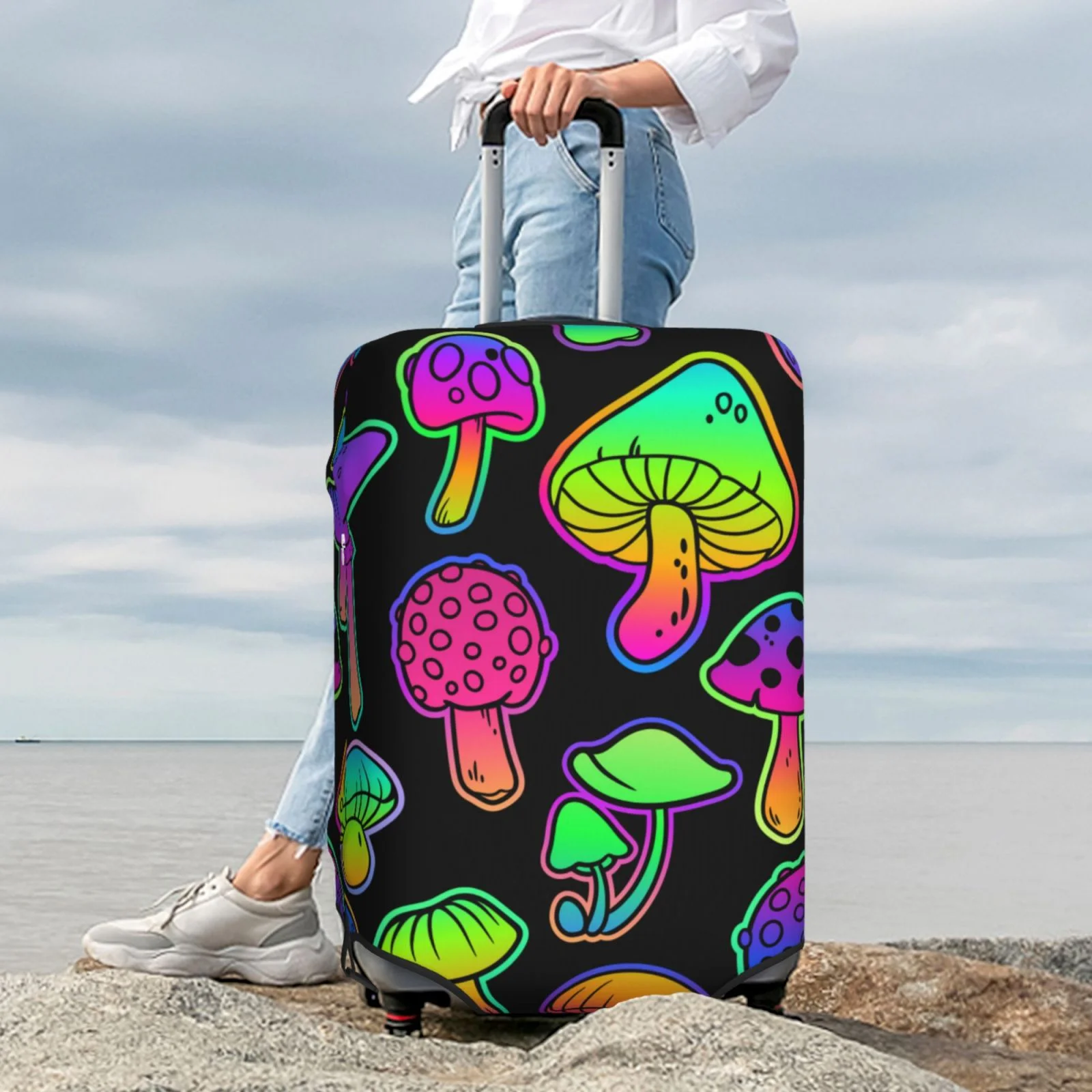 Easygdp Bright Mushrooms Print Elastic and Washable Suitcase Protective Cover with Hidden Zipper Fits 18-32 inch Luggage -Small