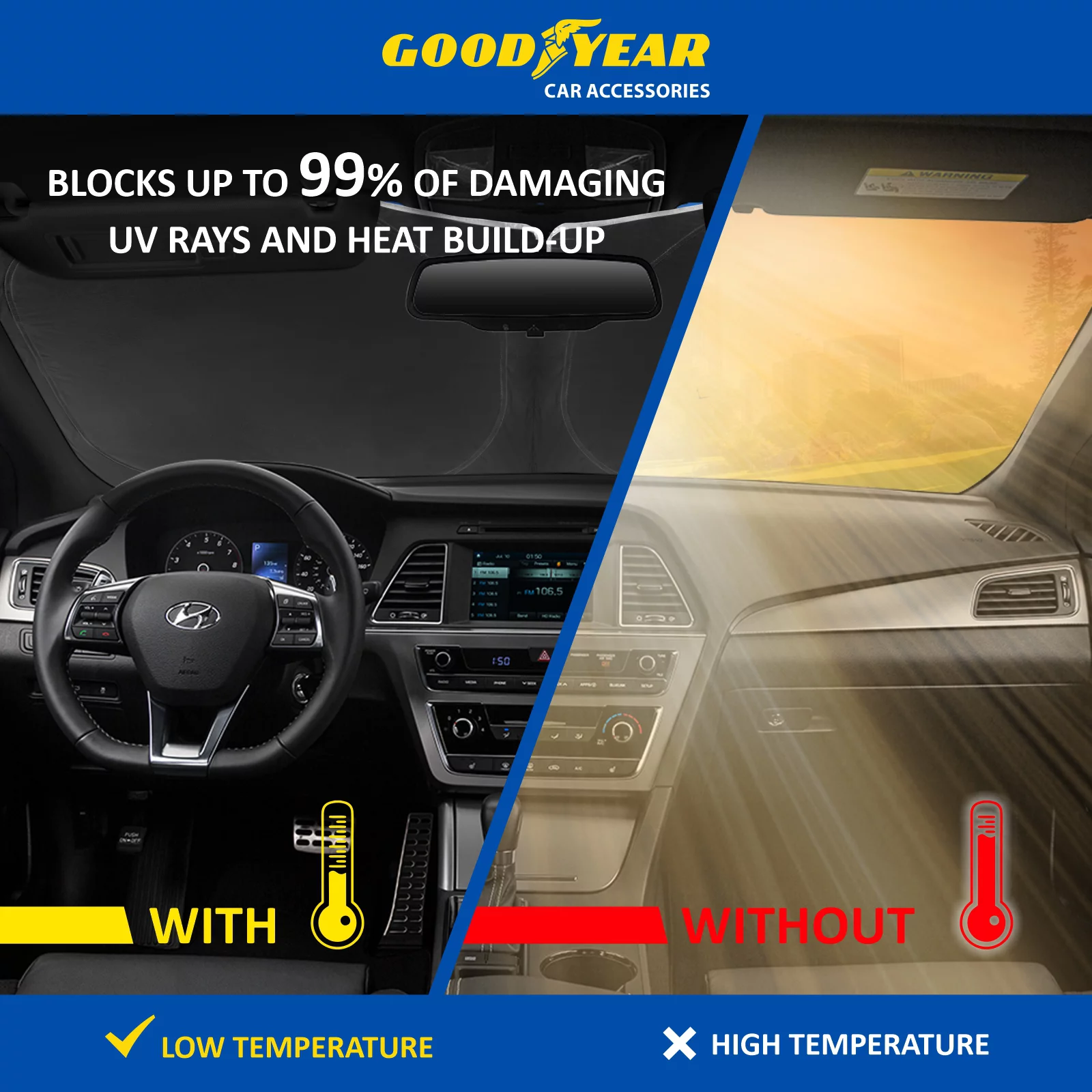 Goodyear Foldable Windshield Sun Shade for Hyundai Sonata 2016-2019, Custom-Fit Car Windshield Cover, Car Sunshade, Vehicle Sun Protector, Auto Car Window Shades for Front Window - GY008273