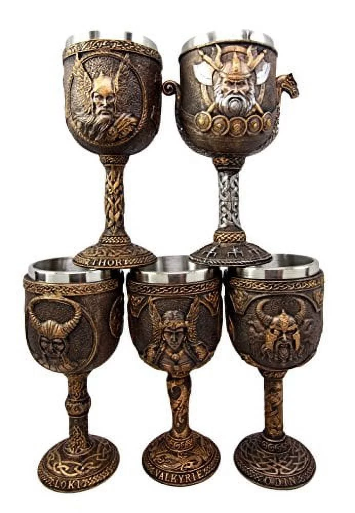 Atlantic Collectibles Norse Mythology Viking Deities Odin Loki Thor Valkyrie Battle Longship 7oz Resin Wine Goblet Chalice Set of 5 With Stainless Steel Liner