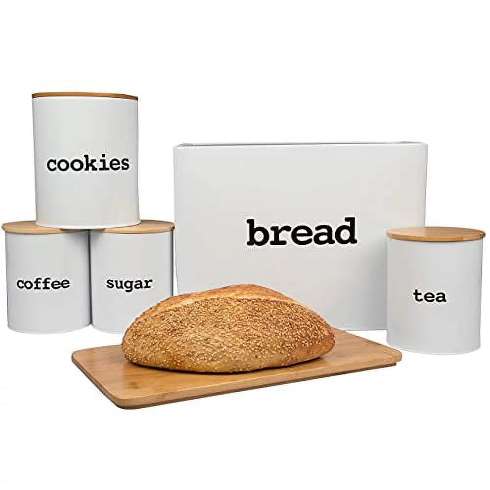 Stainless Steel Bread Box 8pc Set with Bamboo Cutting Board- Airtight Lids Keep Loafs, Tea, Sugar, Coffee, & Foods Fresher Longer- Breadbox holds 2 Loaves, Fits Easily on Kitchen Countertops & Shelves