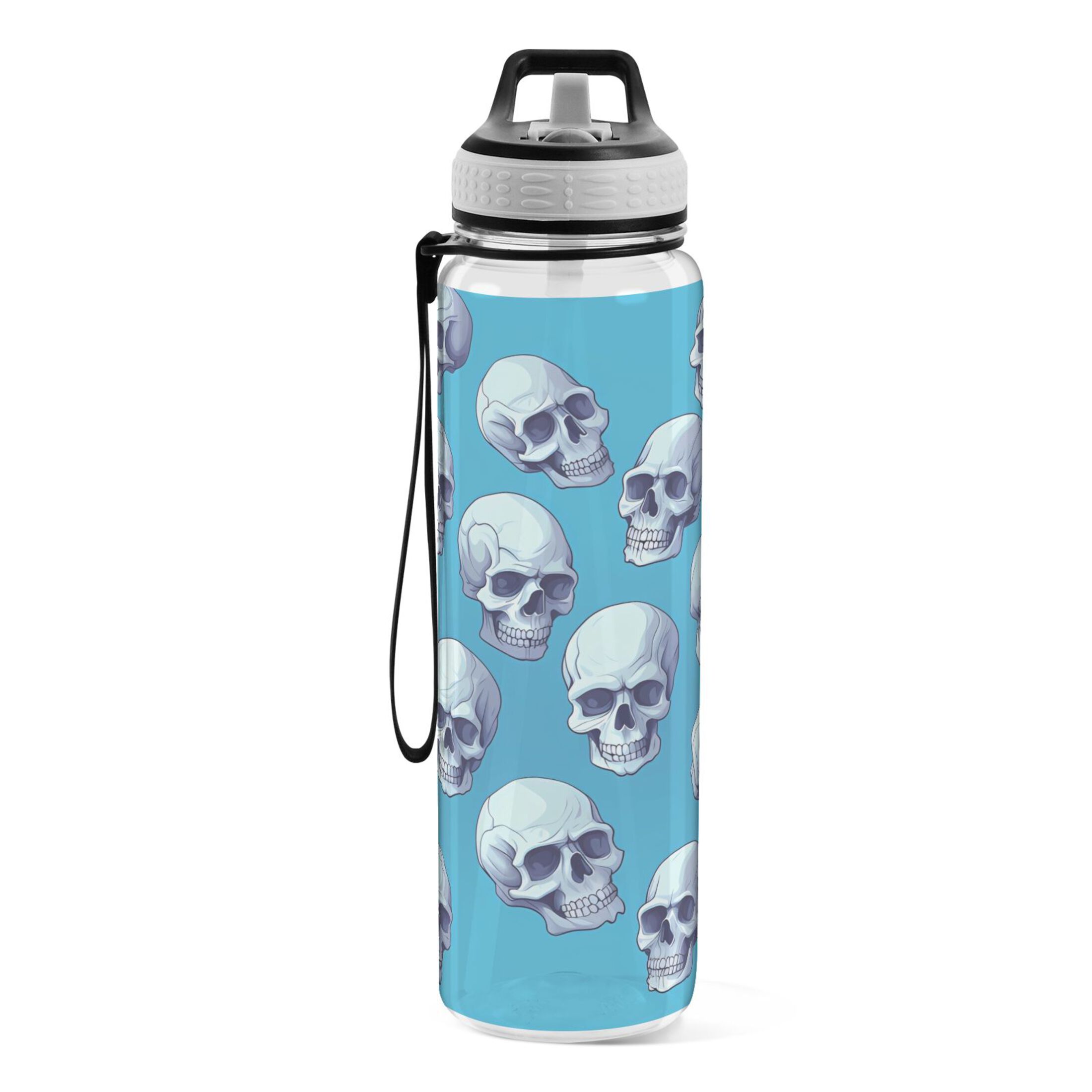 Skulls on Blue 32oz Water Bottles with Straw Tritan Leakproof Sports Bottle BPA Free Clear for Fitness Gym Swimming Cycling