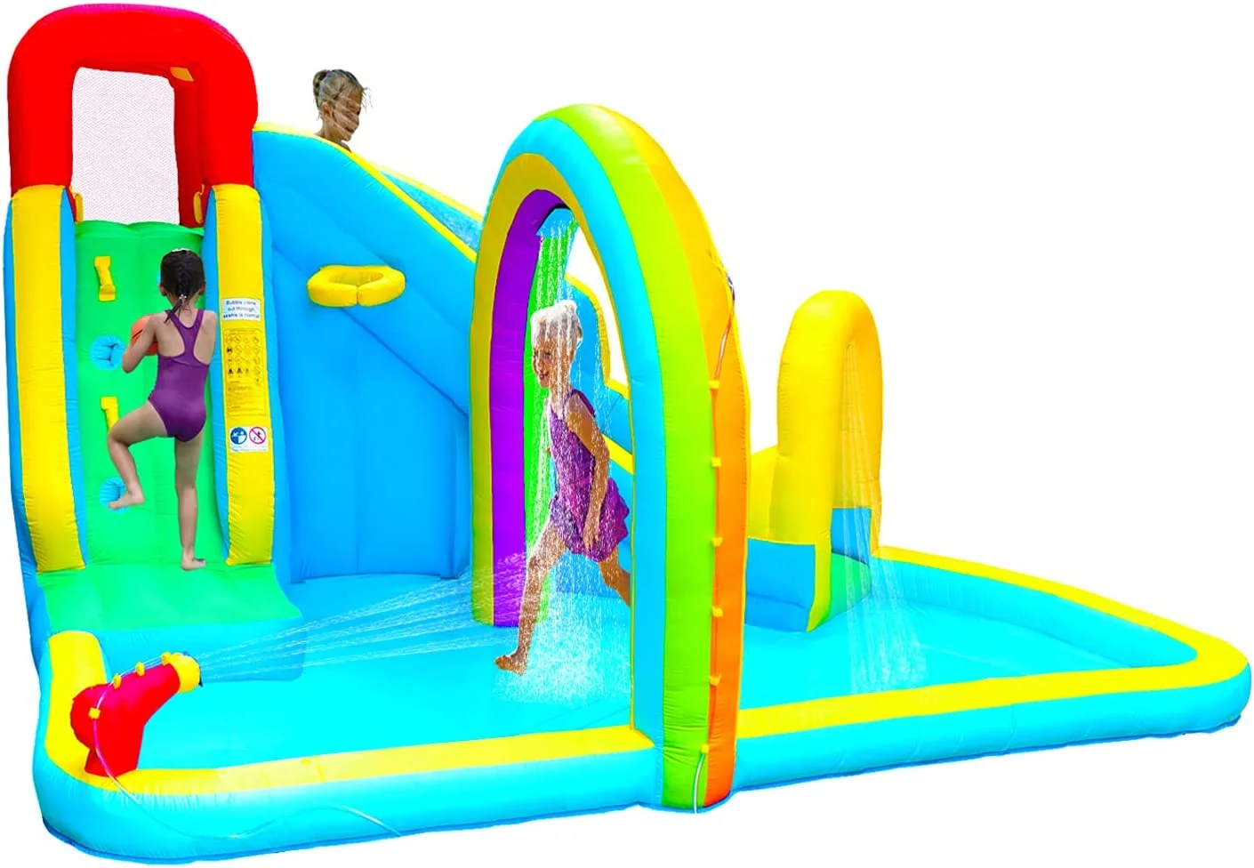 Inflatable Water Slide Park with Air Blower, Kids Inflatable Bouncer House Slide, Climbing Wall, Splash Pool and Rainbow Sprinkler
