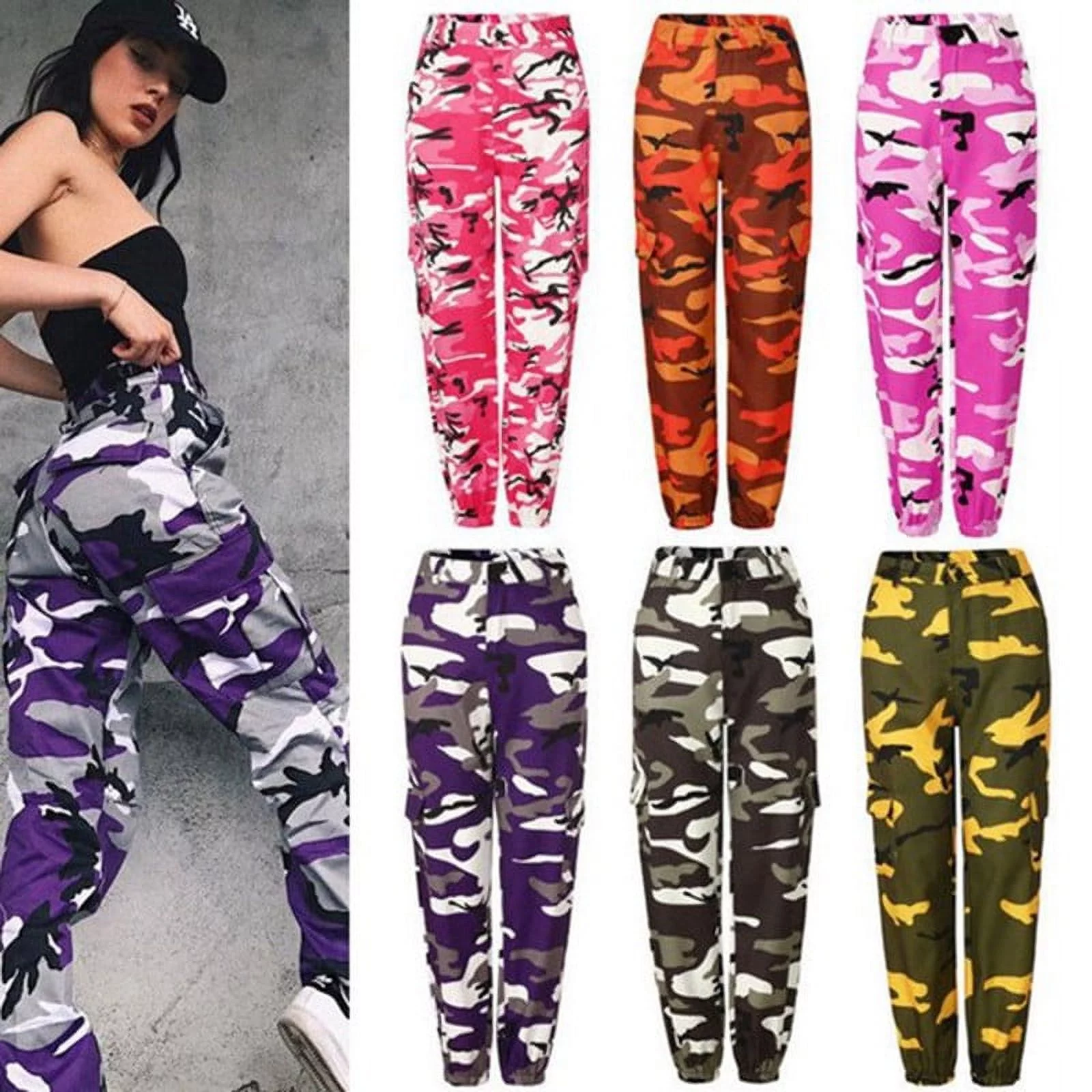 COUTEXYI Women Camouflaged Military Cargo Trousers Army Casual Pants with Multi-Pockets 1PCS