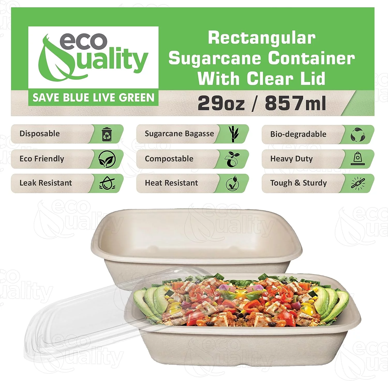 EcoQuality 29oz Disposable Bowls with Clear Lids - Rectangular Compostable Sugarcane Fiber Biodegradable Paper Bowls Eco-Friendly Take Out Food Storage Containers, Microwave Safe, Meal Prep (25 PACK)