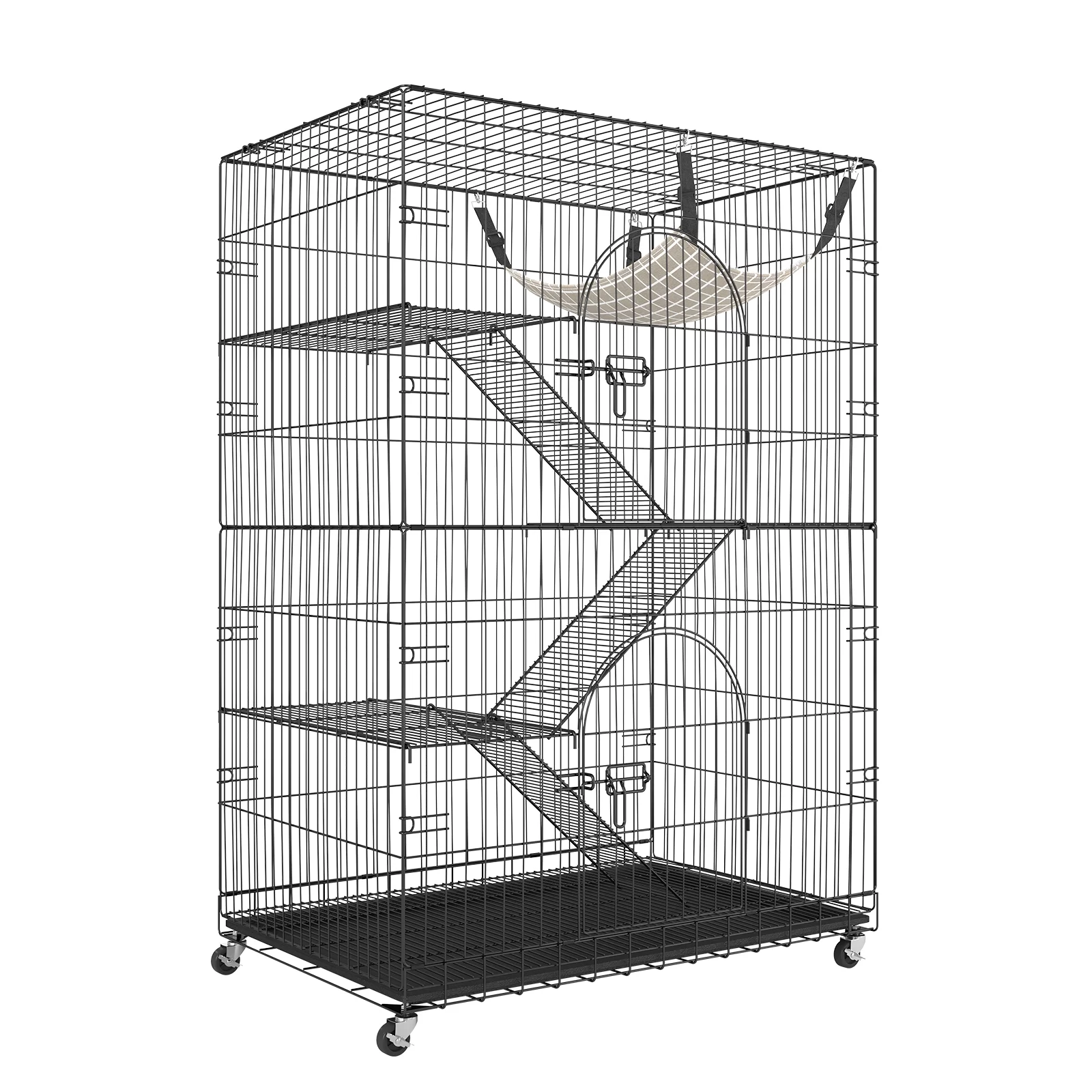 SKYSHALO Catio With 3 Ladders and a Hammock for 1-3 Cats, 35.4x23.6x51 inch 4-Tier Large Cat Cages Indoor, Detachable Metal Playpen Enclosure with 360° Rotating Casters