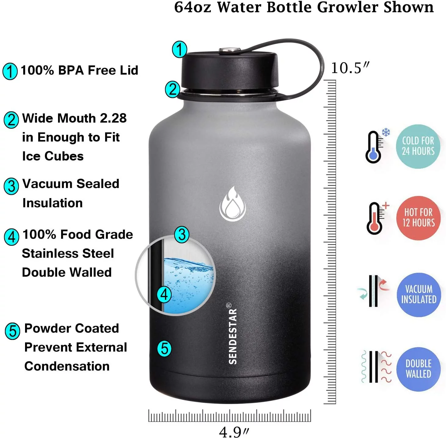 SENDESTAR Stainless Steel Water Bottle-12oz, 24oz, 40oz or 64oz with New Straw Lid or Spout Lid Keeps Liquids Hot or Cold with Double Wall Vacuum Insulated Bottle (64 oz-Black)