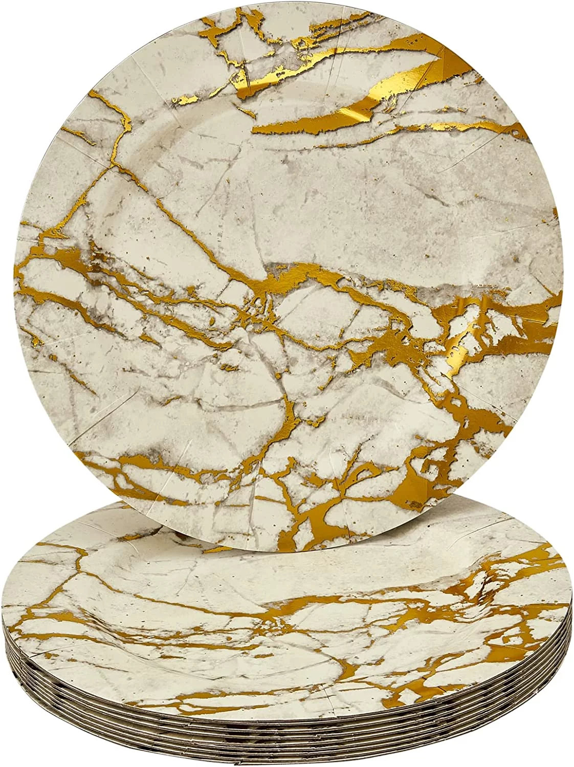 Marble Design Disposable Charger Plates for Party - (10 PC) Heavy Duty Disposable Dinner Set 13”, Fine Dining Charger Dishes For Elegant China Look, Great for Upscale Wedding, Dining & Serving, Gold