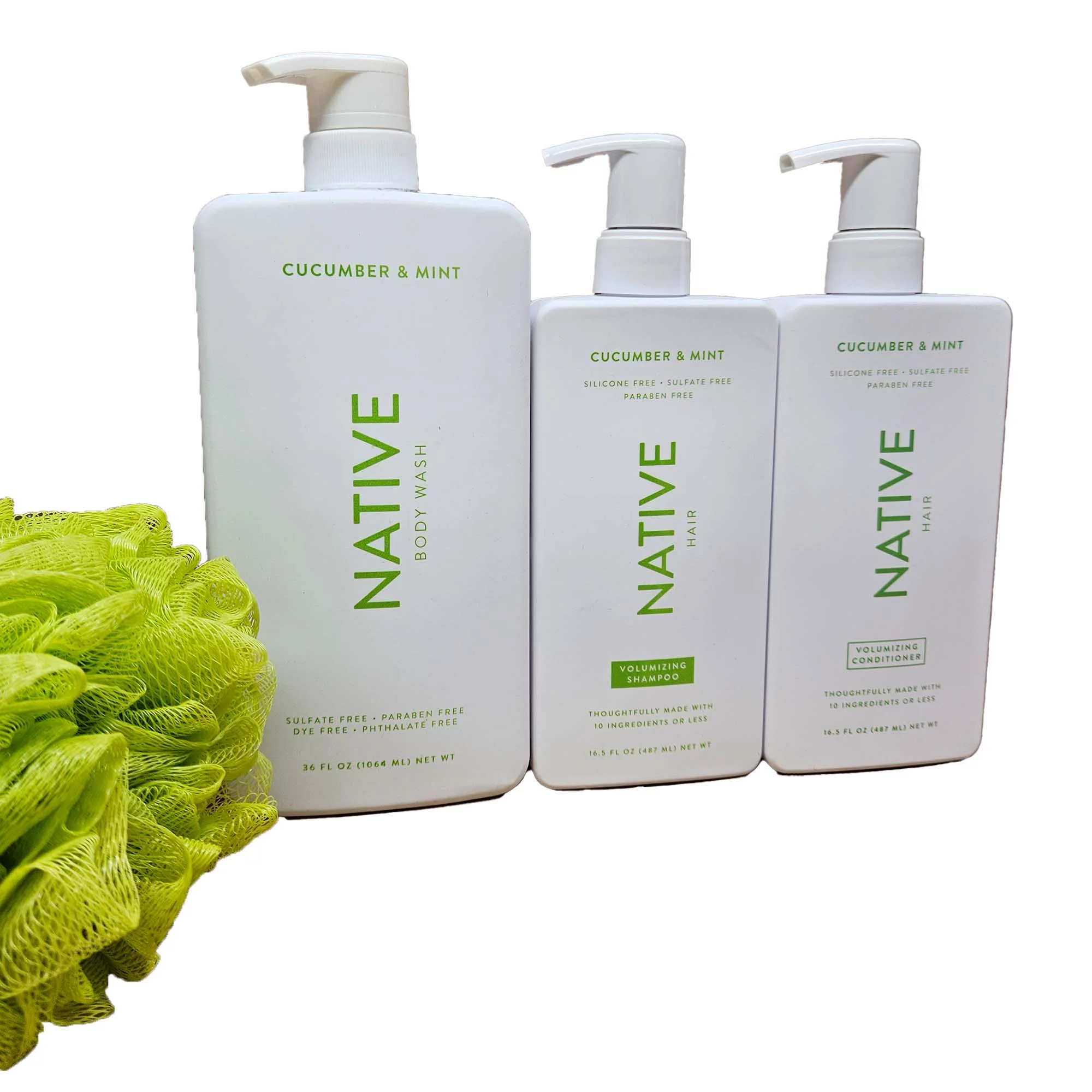 Native Natural Body Wash, Shampoo, Conditioner & Loofah, Cucumber & Mint, Sulfate Free, Paraben Free