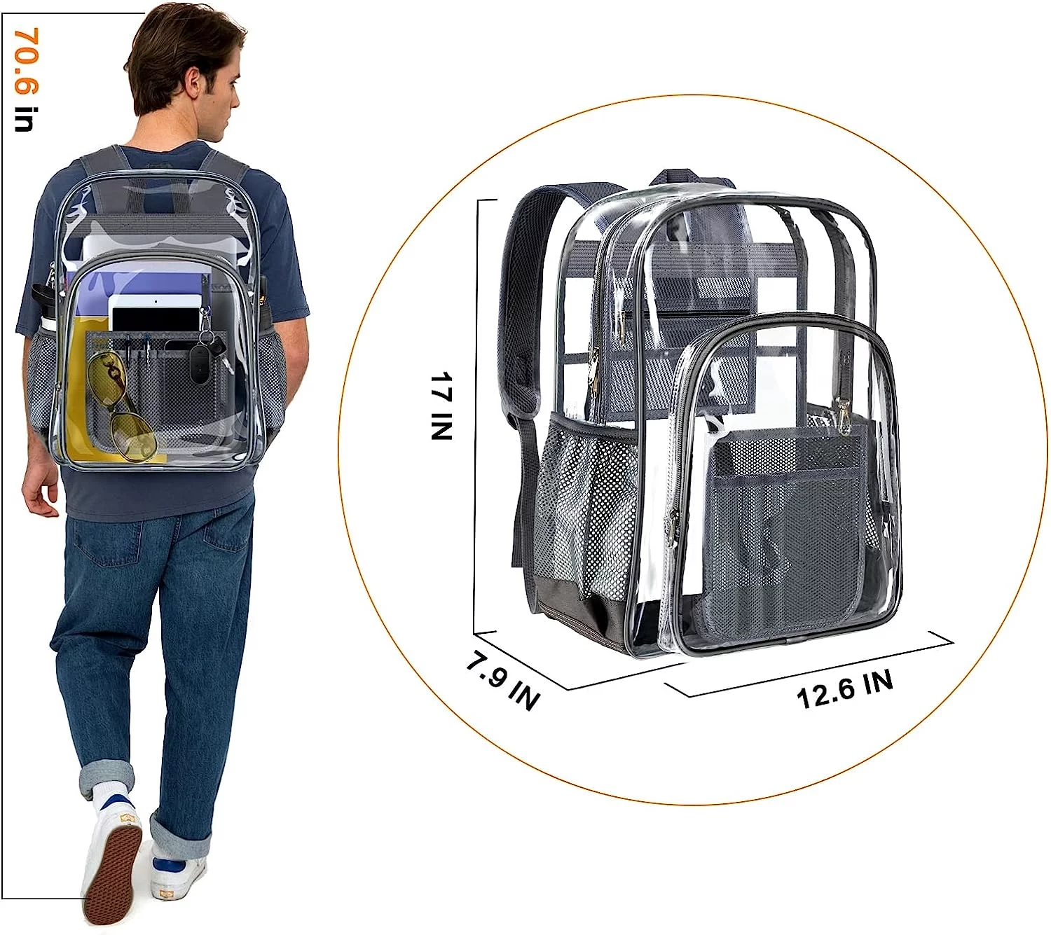 Sanmadrola Large Clear Backpack Heavy Duty Plastic Bookbag for School See-Through Bag Transparent Clear Backpack for Stadium School PVC Gray 17 Inch
