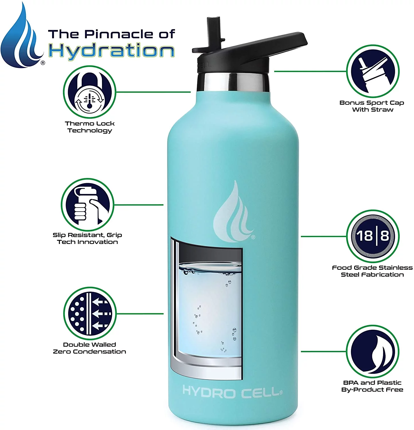HYDRO CELL Stainless Steel Water Bottle w/Straw & Standard Mouth Lids