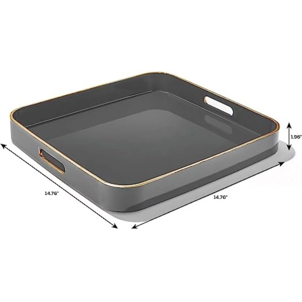 Trina Turk, Cool Gray with Gold Rim Polypropylene Square Serving Tray with Handles, Set of 2