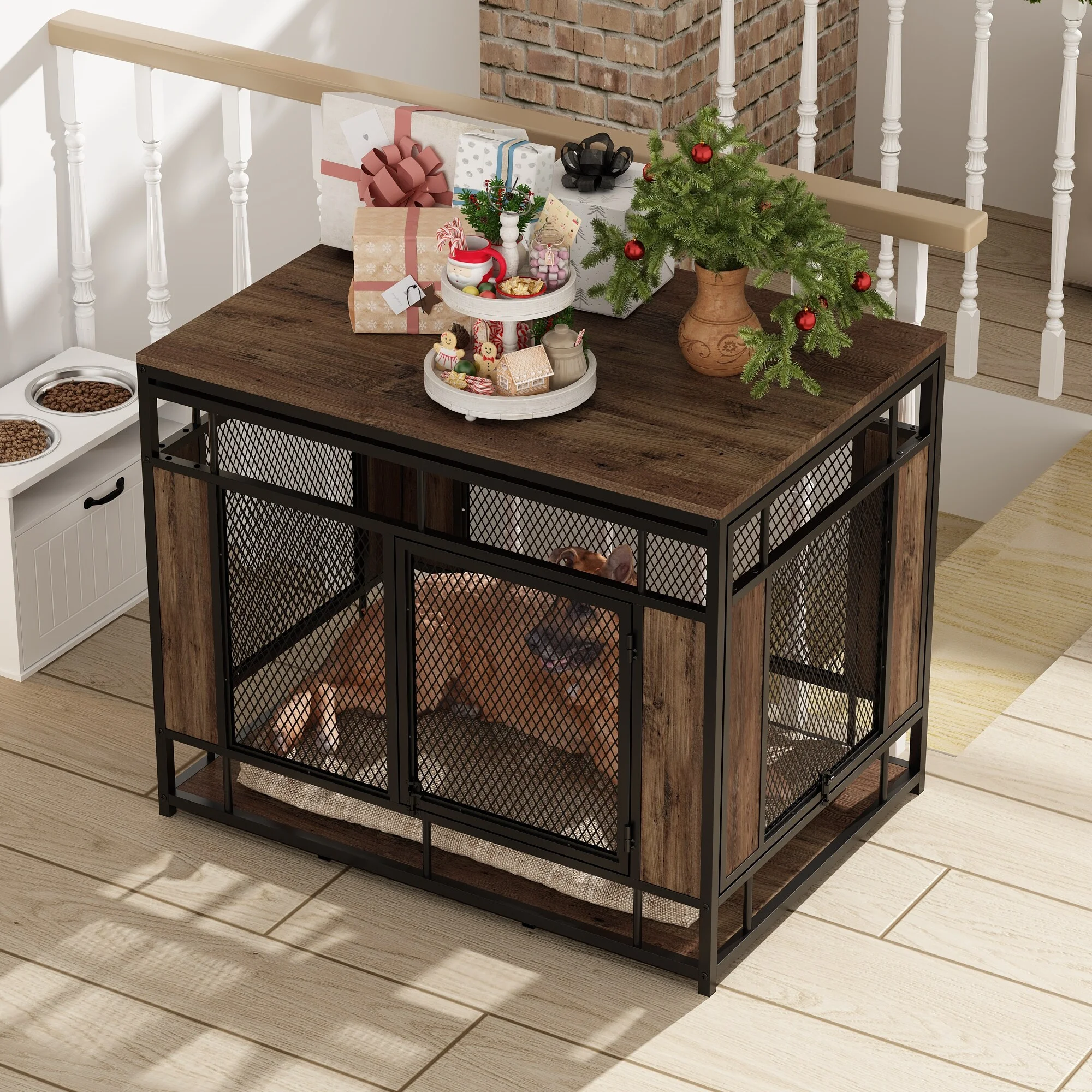 Golden/Black Dog  Crate End Table with 2 Doors for Medium Dogs Indoor Wood+Black
