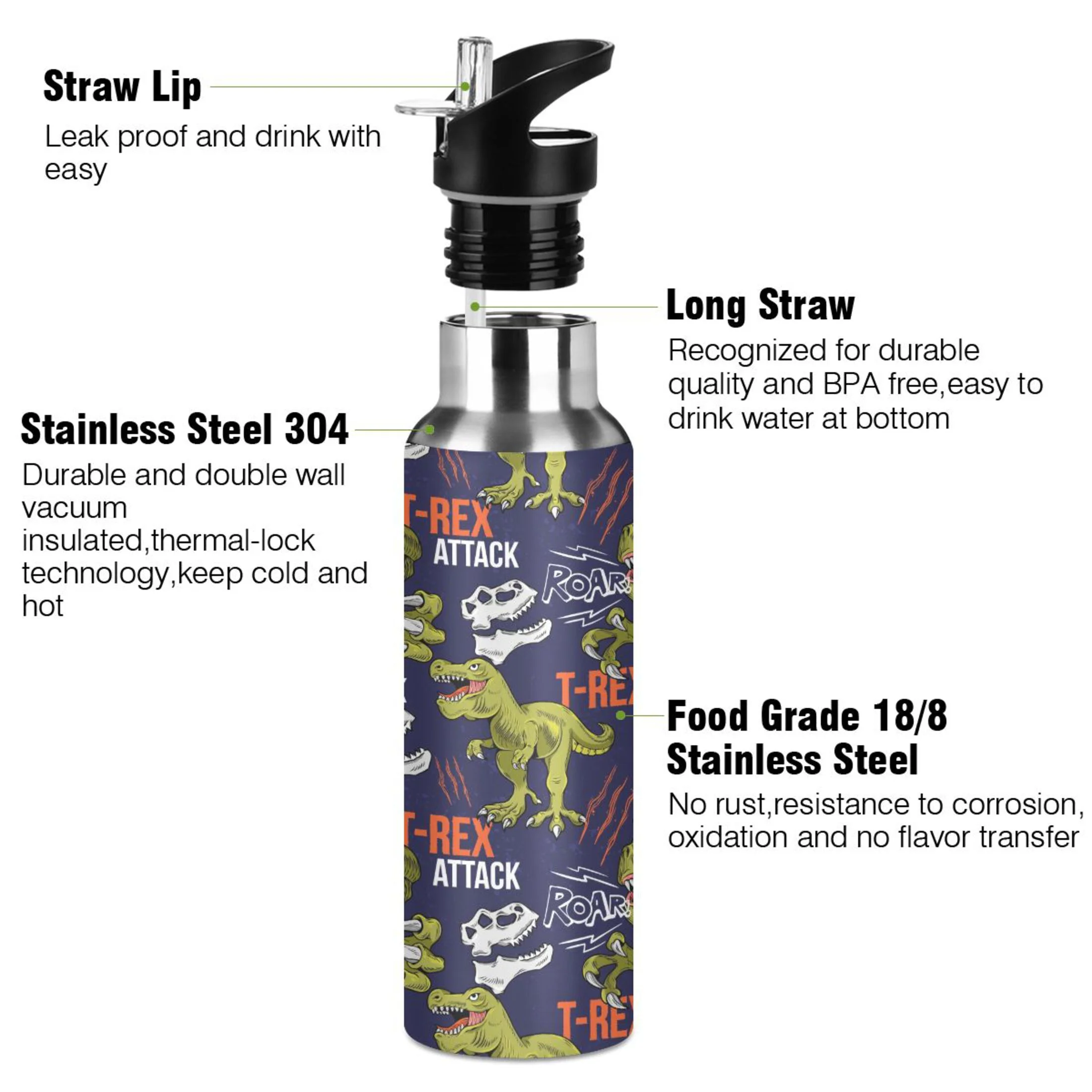 Water Bottle with Straw Lid Leak T-rex Tyrannosaurus Rex Dinosaur Stainless Steel Insulated Thermos Vacuum Flask for Cold Hot Drinking for Sports Camping Gym Yoga