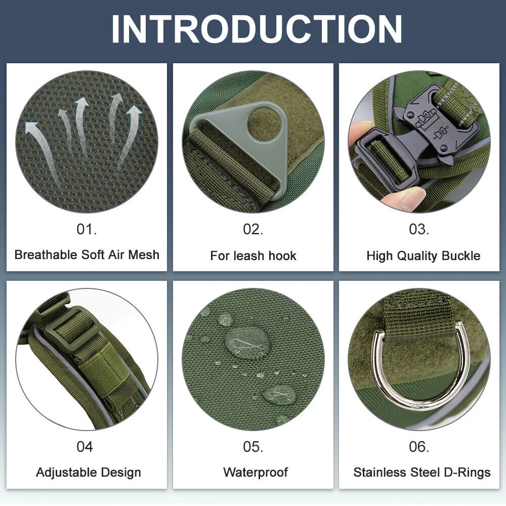 Military-Style Tactical Dog Harness Leash No-Pull Design Reflective Elements