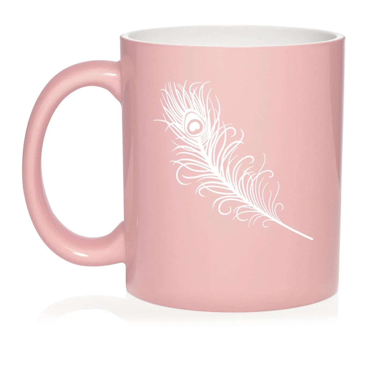 Peacock Feather Ceramic Coffee Mug Tea Cup Gift for Her, Him, Friend, Coworker, Wife, Husband (11oz Light Pink)