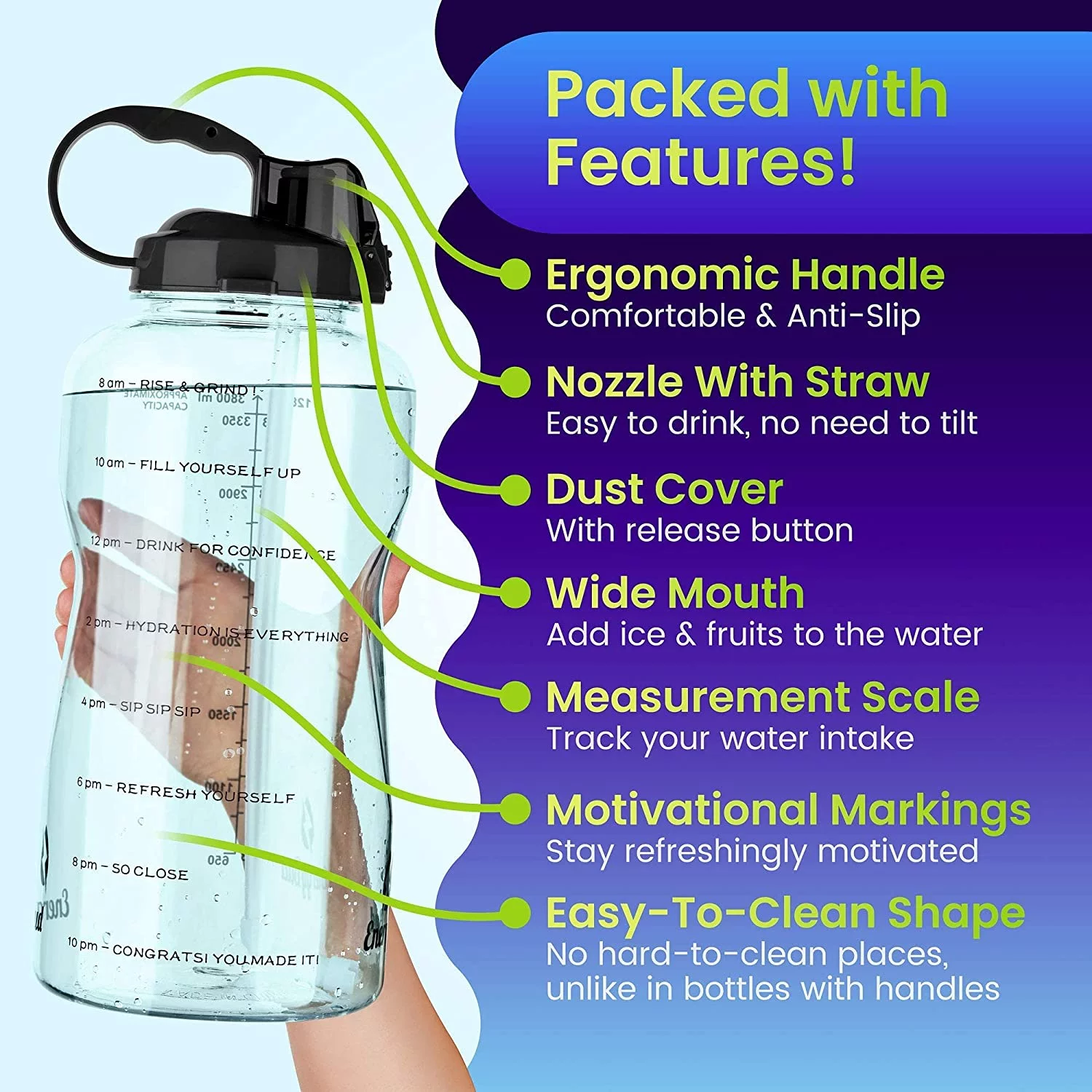 EnergyBud Water Bottle With Time BPA Free Gallon Jugs Motivational Water Bottle