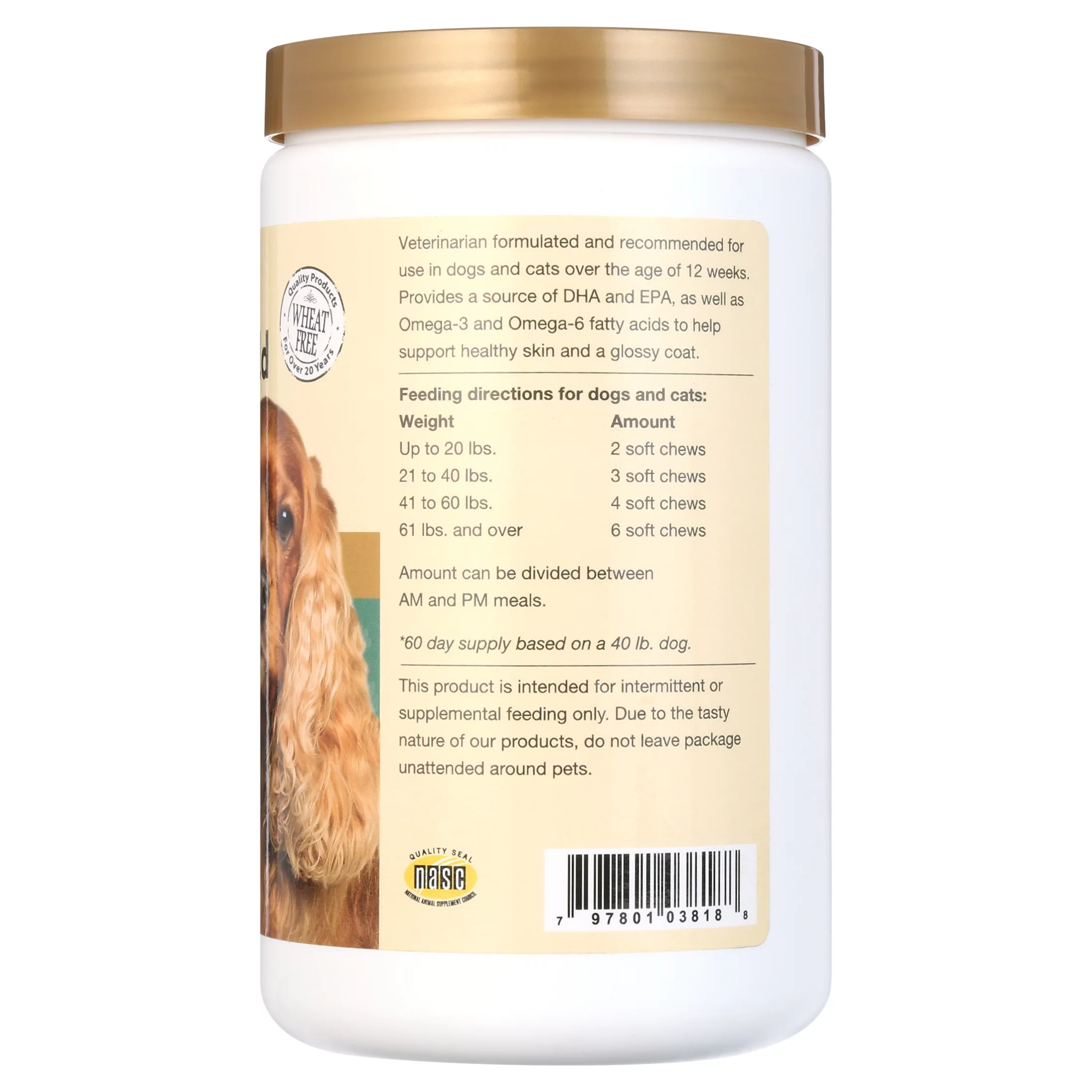 NaturVet Omega-Gold Plus Skin and Coat Supplement for Dogs & Cats, 180 Soft Chews