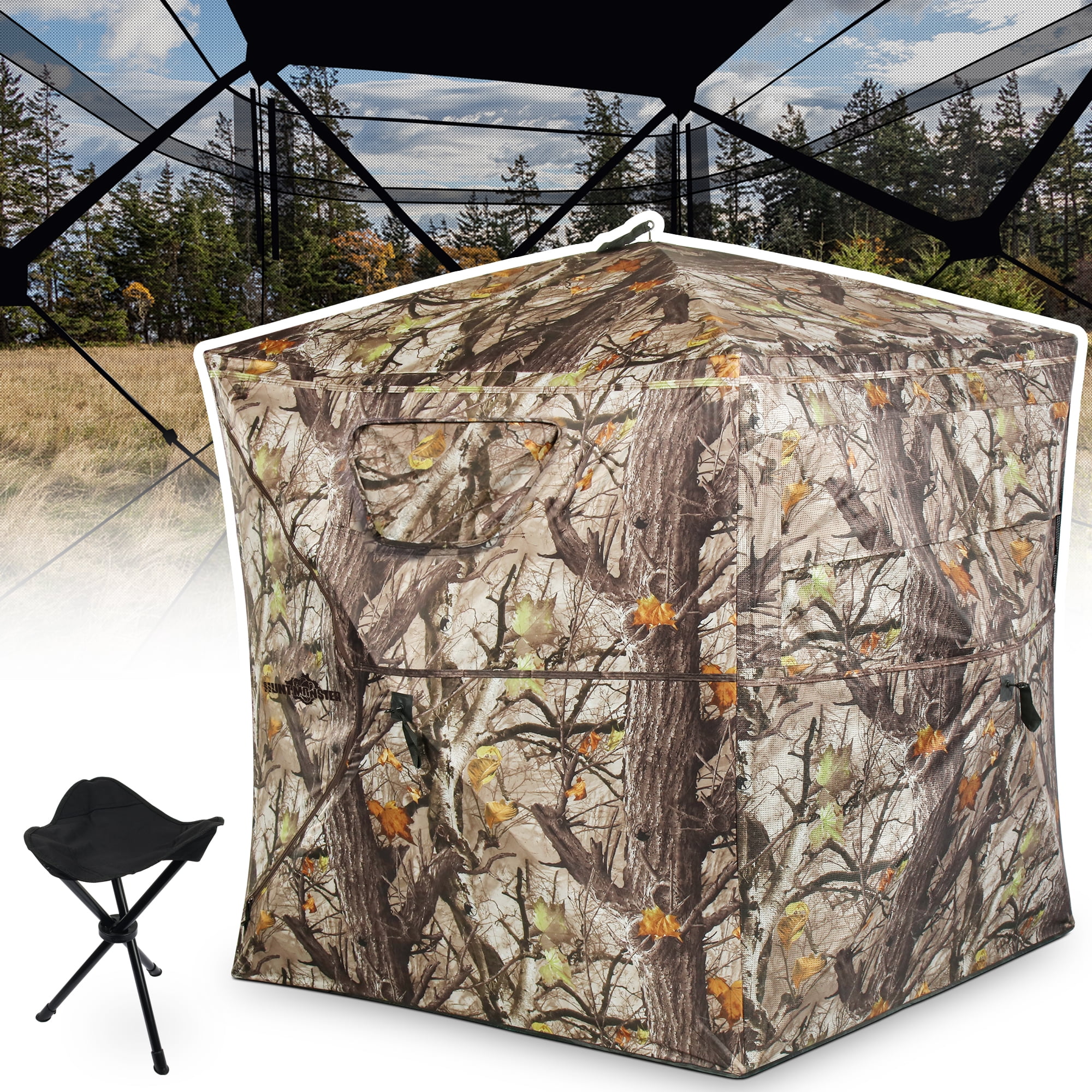 Hunting Blind 1-3 Person with Tri-Leg Hunting Stool, 270 Degree See Through Pop up Ground Blinds for Deer Turkey Duck Hunting, Bow Hunting Adjust Windows with Silent Zipper