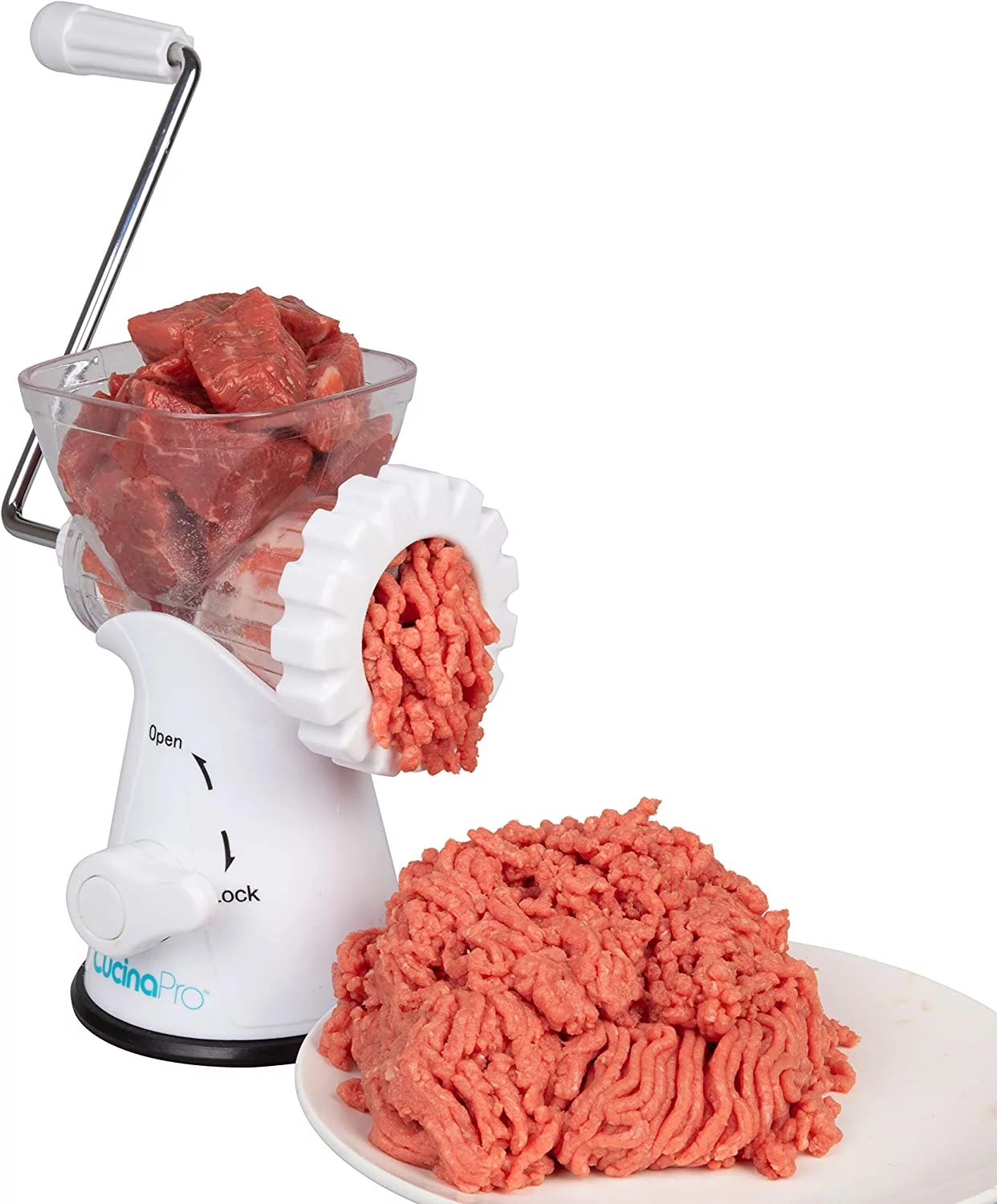 Manual Meat Grinder - Mincer w 2 Stainless Steel Plates, Sausage Attachment, Press, Heavy Duty Suction Base and Dishwasher Safe Design- Make Suasage, Ground Beef, Hamburgers and More