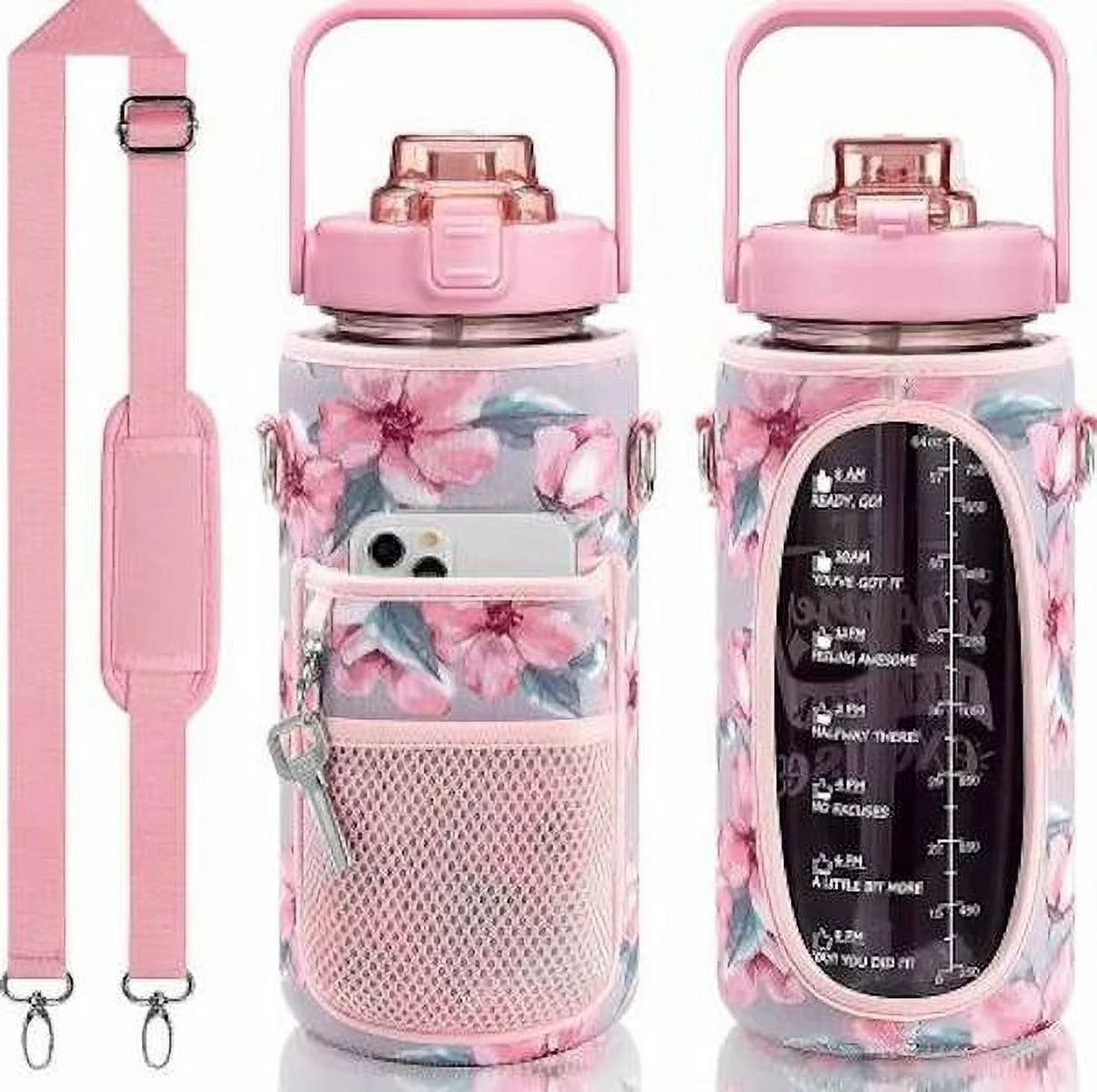 Motivational Half Gallon Water Bottle with Sleeve and Carrying Strap PF