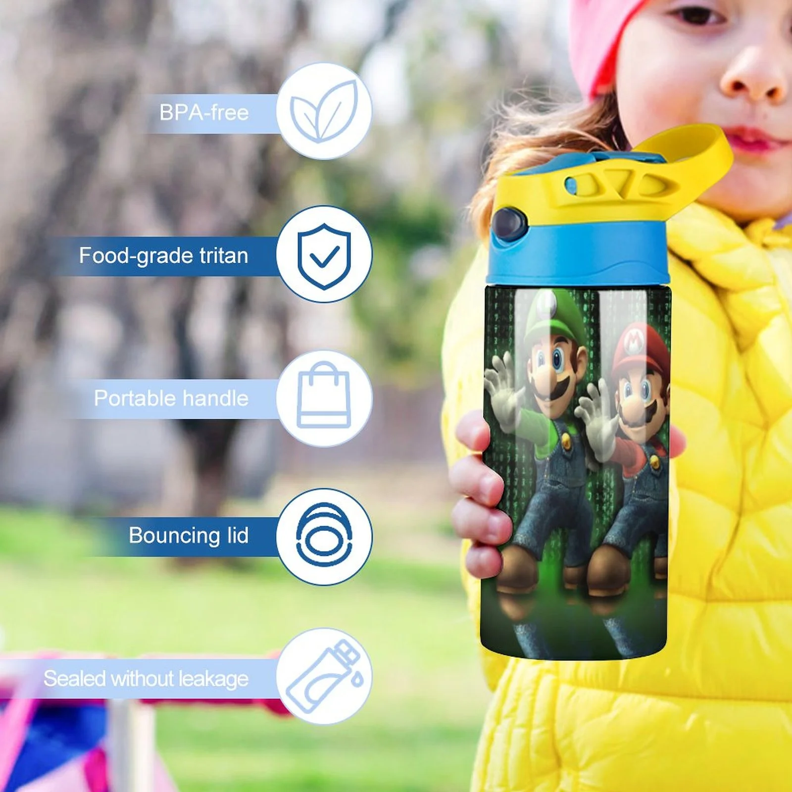 Mario Luigi's Mansion Bros Kid's Insulated Water Bottle With Straw Vacuum Stainless Steel Cup Leak-Proof Children Toddler Thermoses