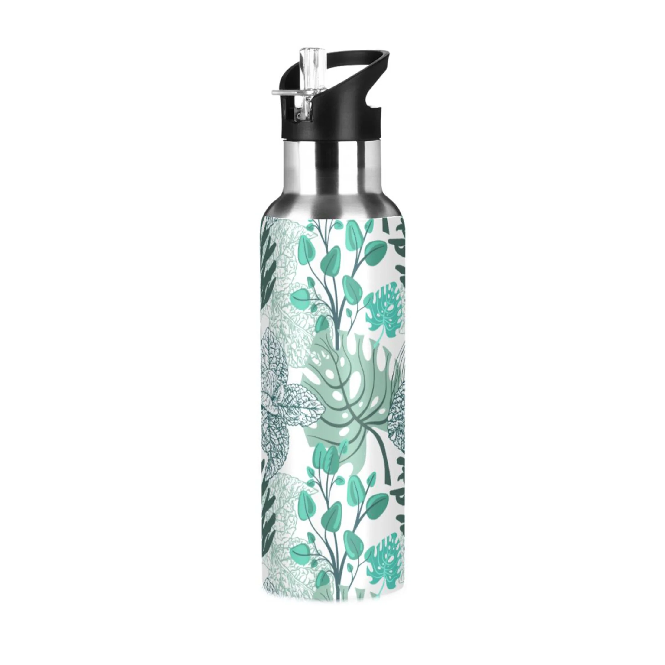Tropical Leaves Water Bottles Insulated Thermos Kids Stainless Steel Bottle with Straw Lid Flask Leakproof for Sports Gym 20 oz