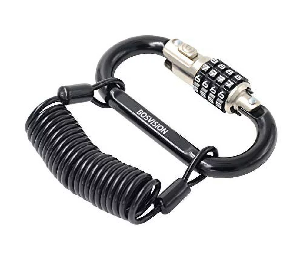 Bosvision 4-Digit Combination Carabiner/karabiner Lock, Helmet Lock with 5' (150cm) Coiled Steel Leash Cable