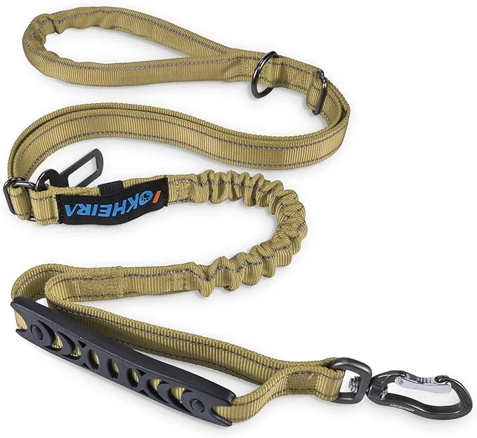 IOKHEIRA Dog Leash, Multifunctional Dog Leashes for Medium& Large Dogs, Dog Leashes with Car Seatbelt, 4-6 FT Strong Bungee Dog Leash, Army Green Bungee Dog Leash