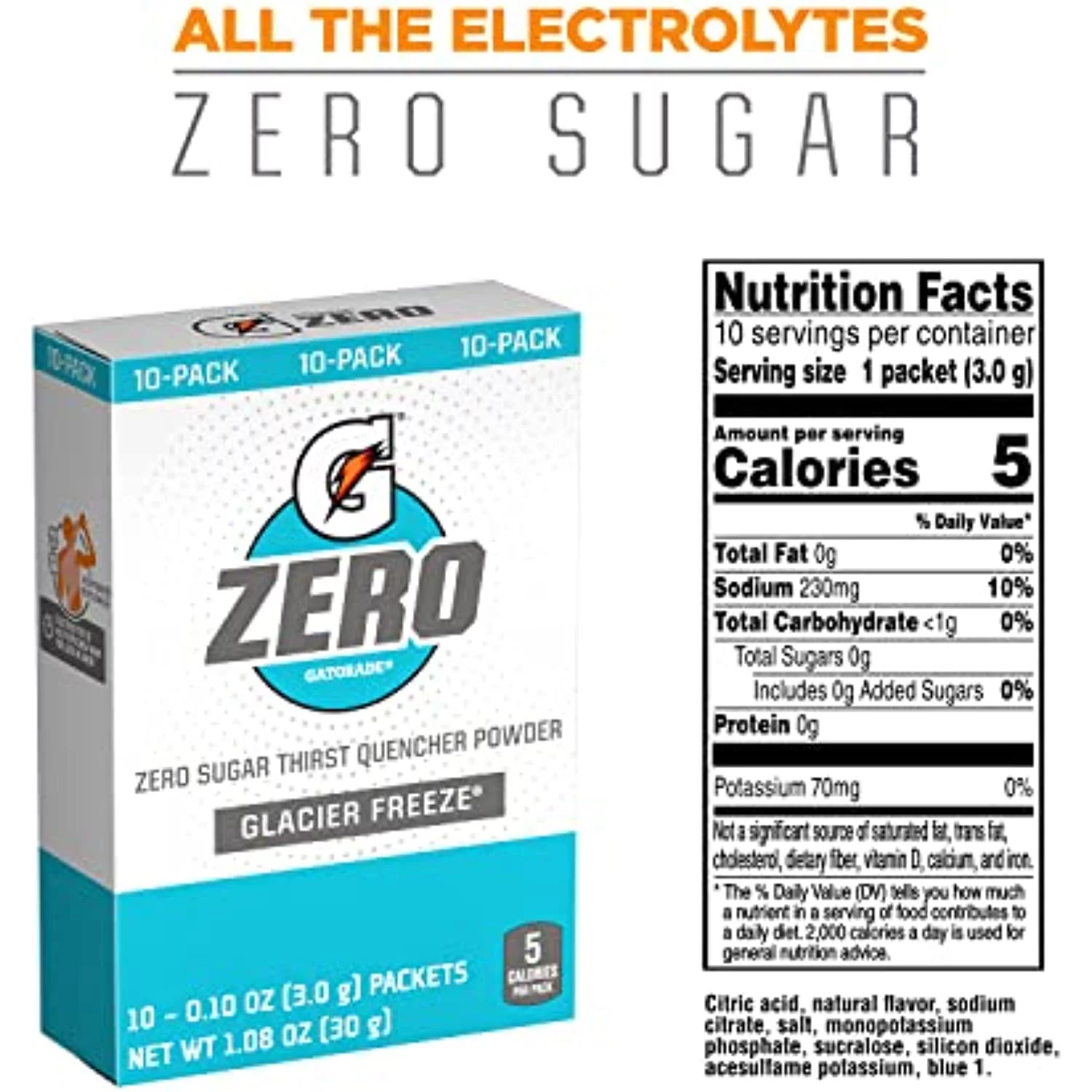 Gatorade G Zero Powder, Glacier Freeze, 0.10Oz Packets (120 Pack)
