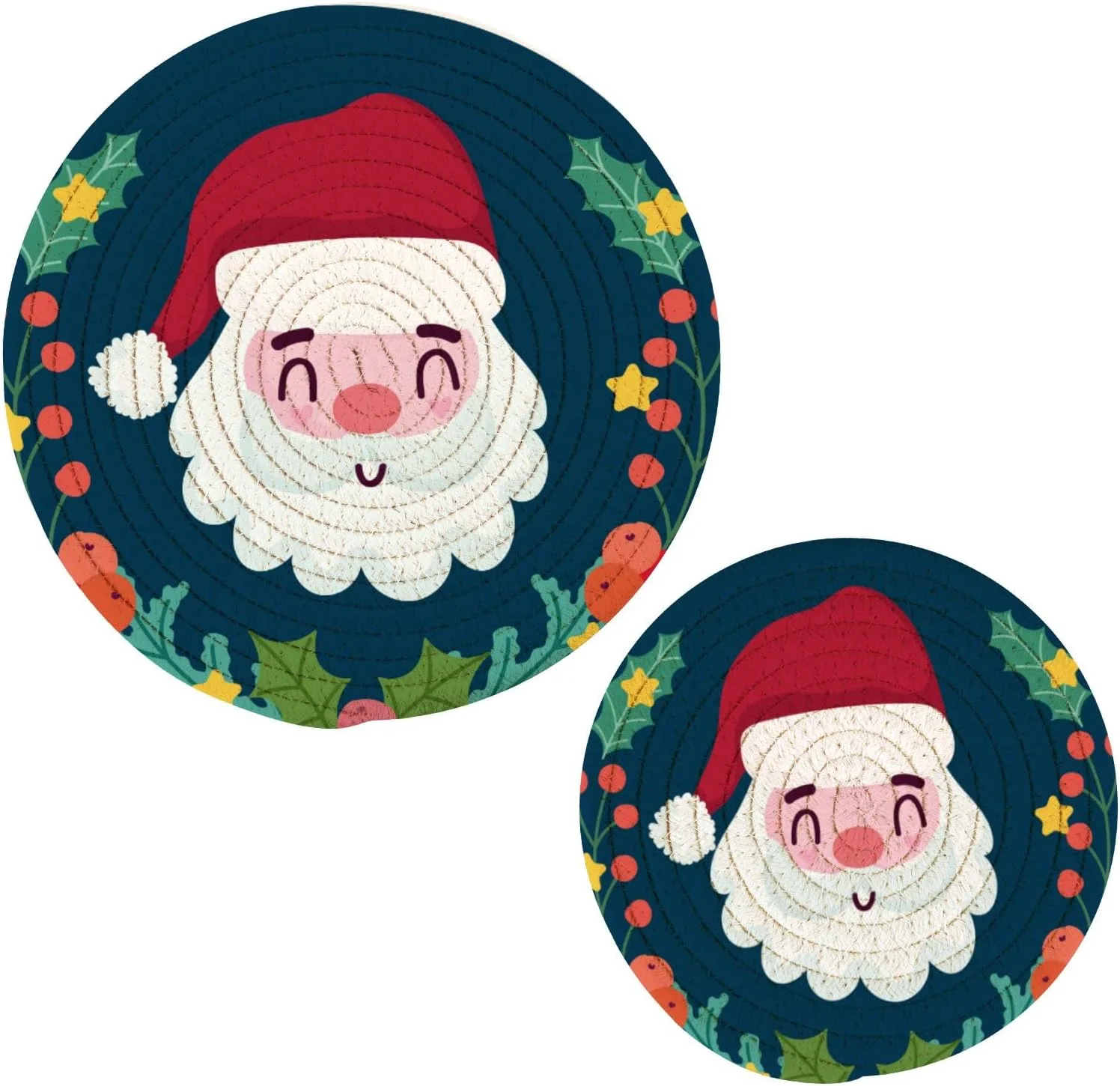 GZHJMY Christmas Santa Round Heat Resistant Trivets Potholders 2PCS, Round Cotton Weave Handmade Pot Holder, Non-Slip Hot Mats Kitchen Dining Plate Mat for Kitchen Pans Bowl Teapot