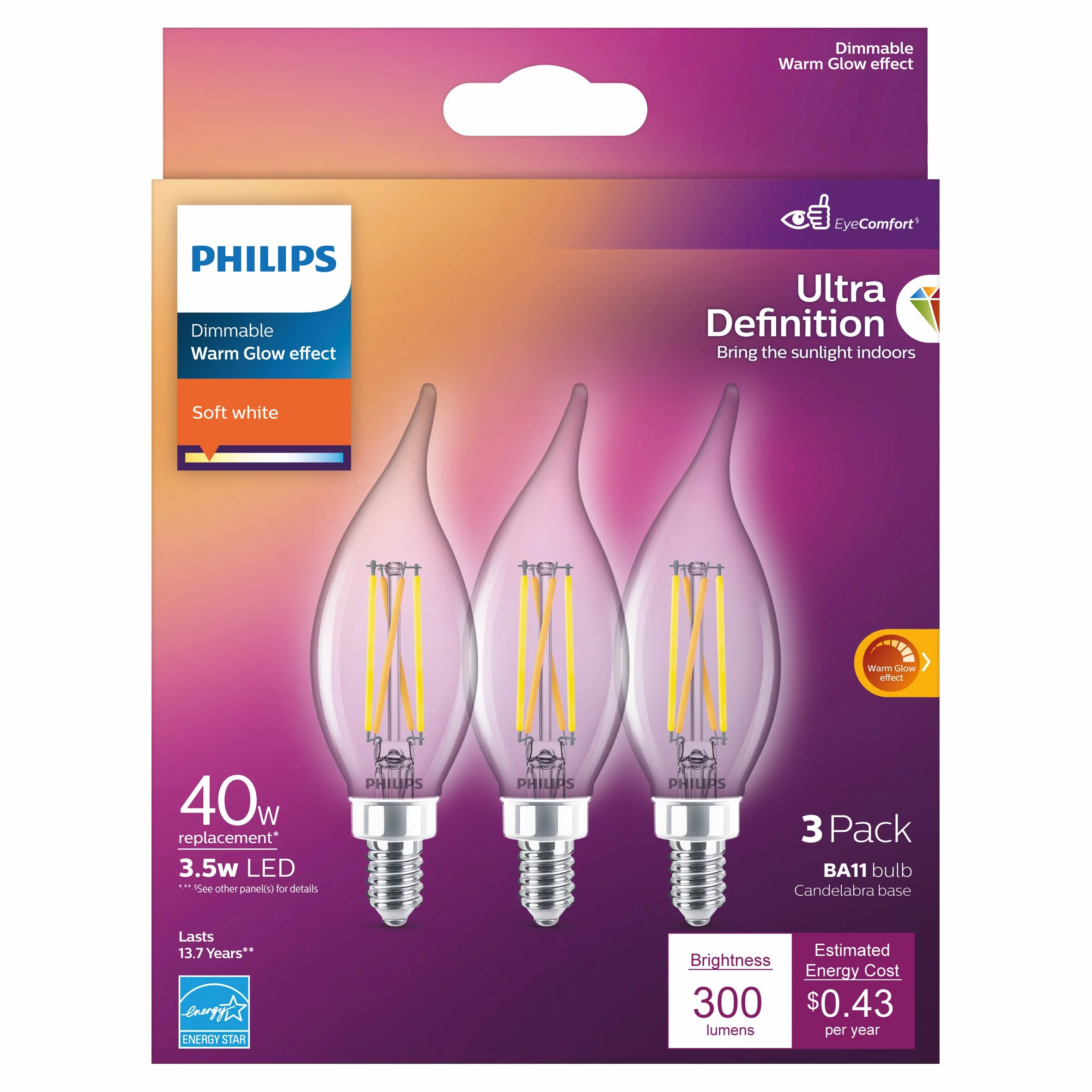 Philips Ultra Definition LED 40-Watt BA11 Filament Candle Light Bulb, Clear Soft White, Dimmable, E12 Candelabra Base (3-Pack)