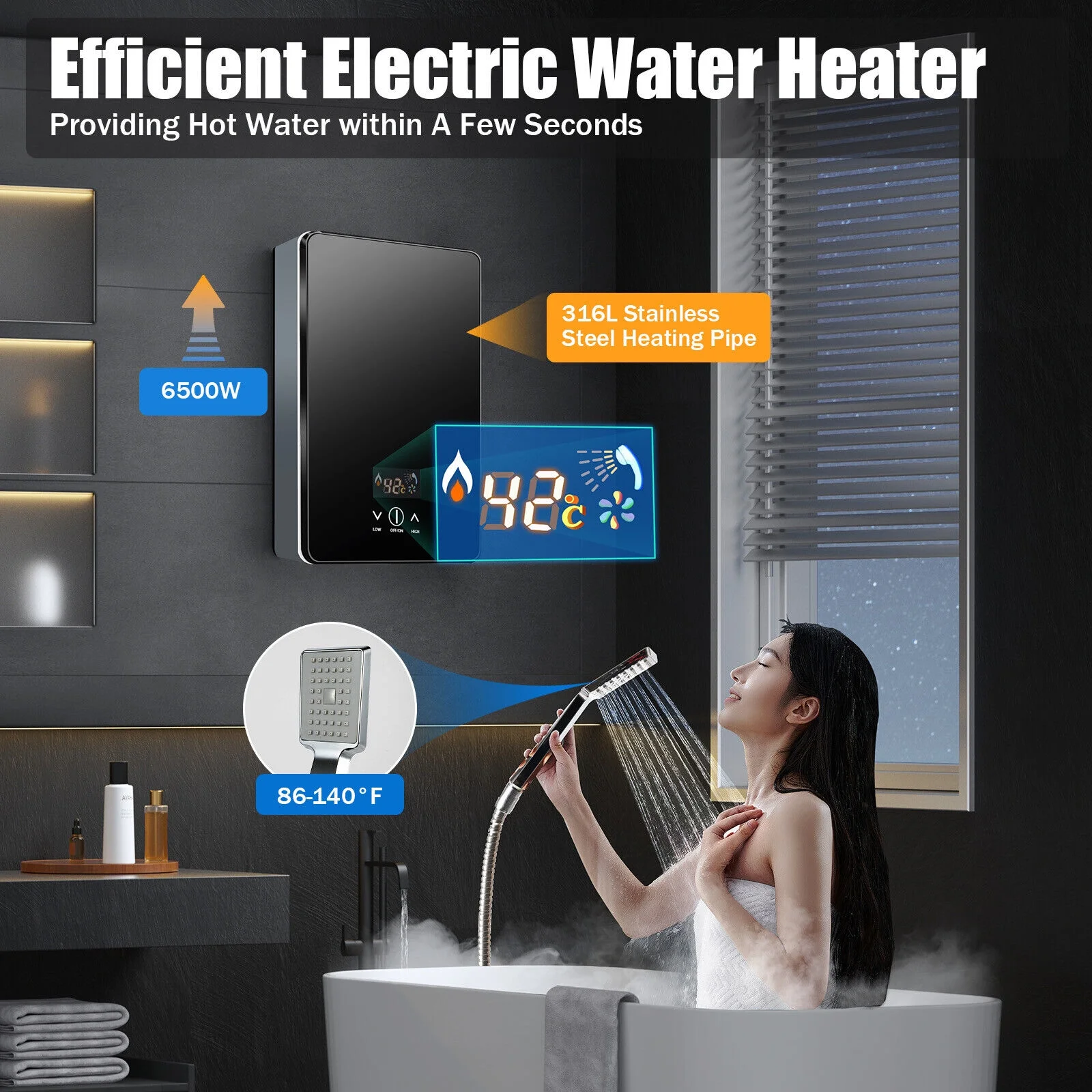 Instant Electric Tankless 6500W Home Hot Water Heater Whole House Black 220V 8L