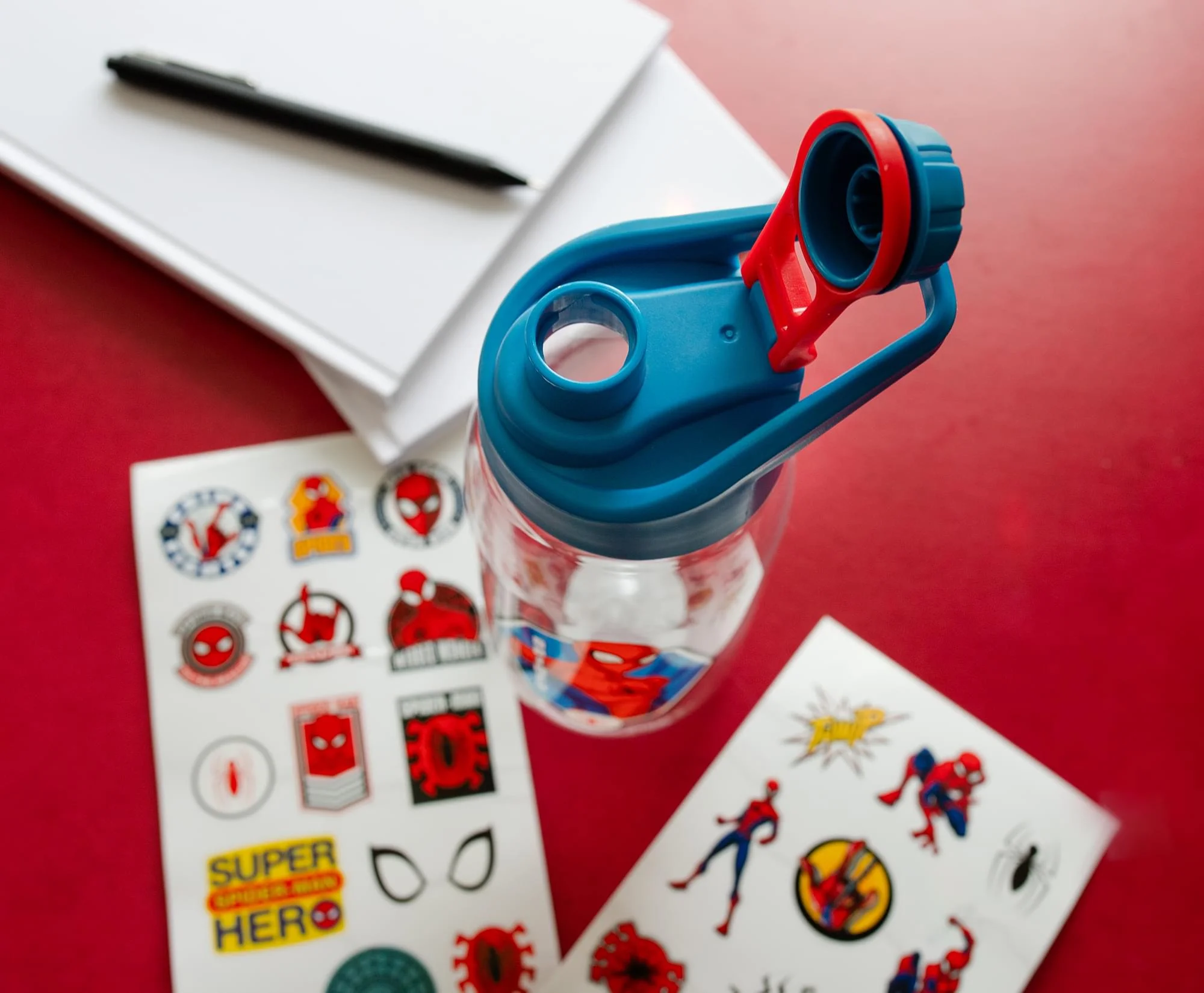 Marvel Comics Spider-Man Hinged Handle Plastic Water Bottle and Sticker Set