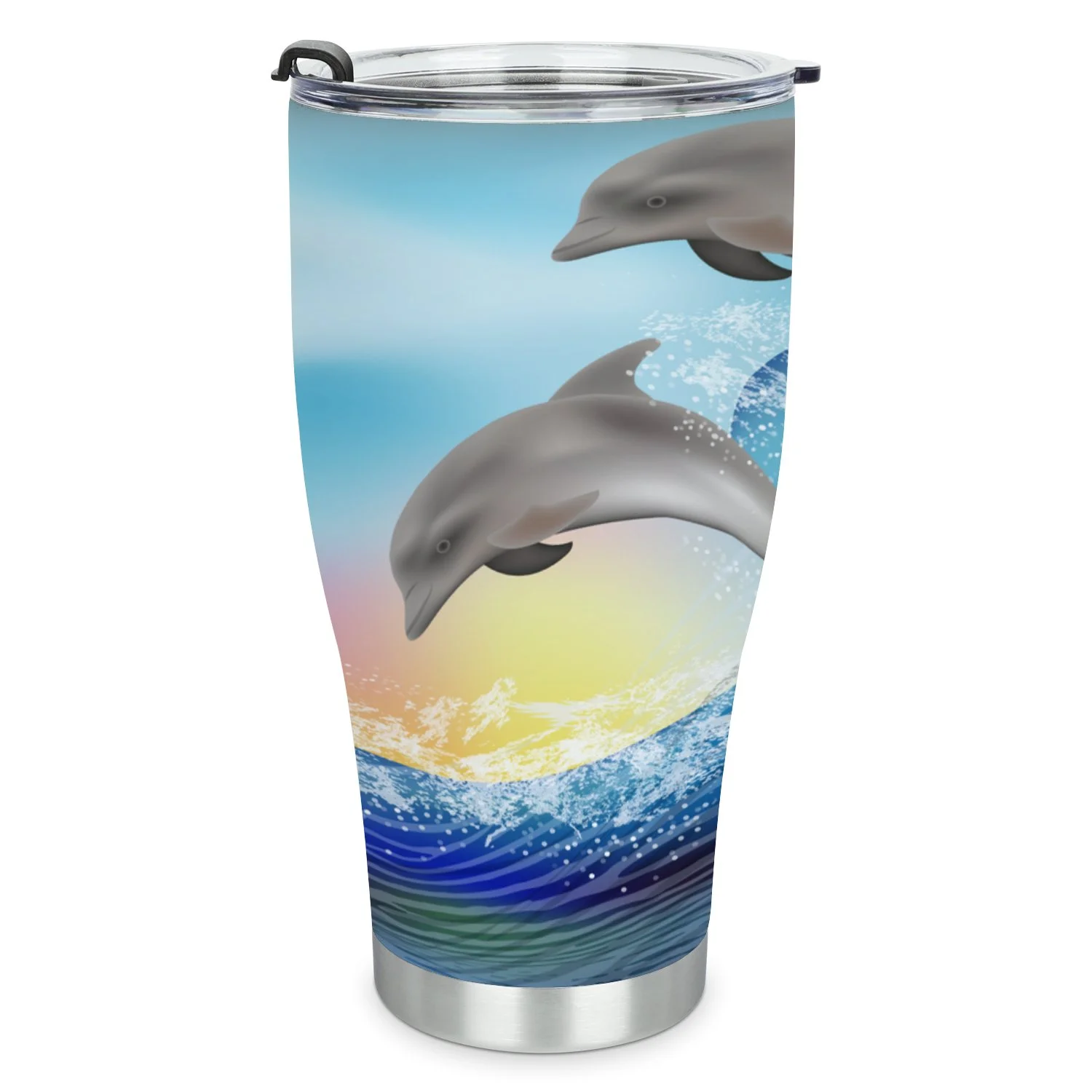 Hidove Stainless Steel Tumbler, Nature Ocean with Two Dolphins 30oz Leak Proof & Stainless Steel Bottle for Hot & Cold Drinks - Coffee Travel Mug, Water Metal Canteen, Thermal Cup