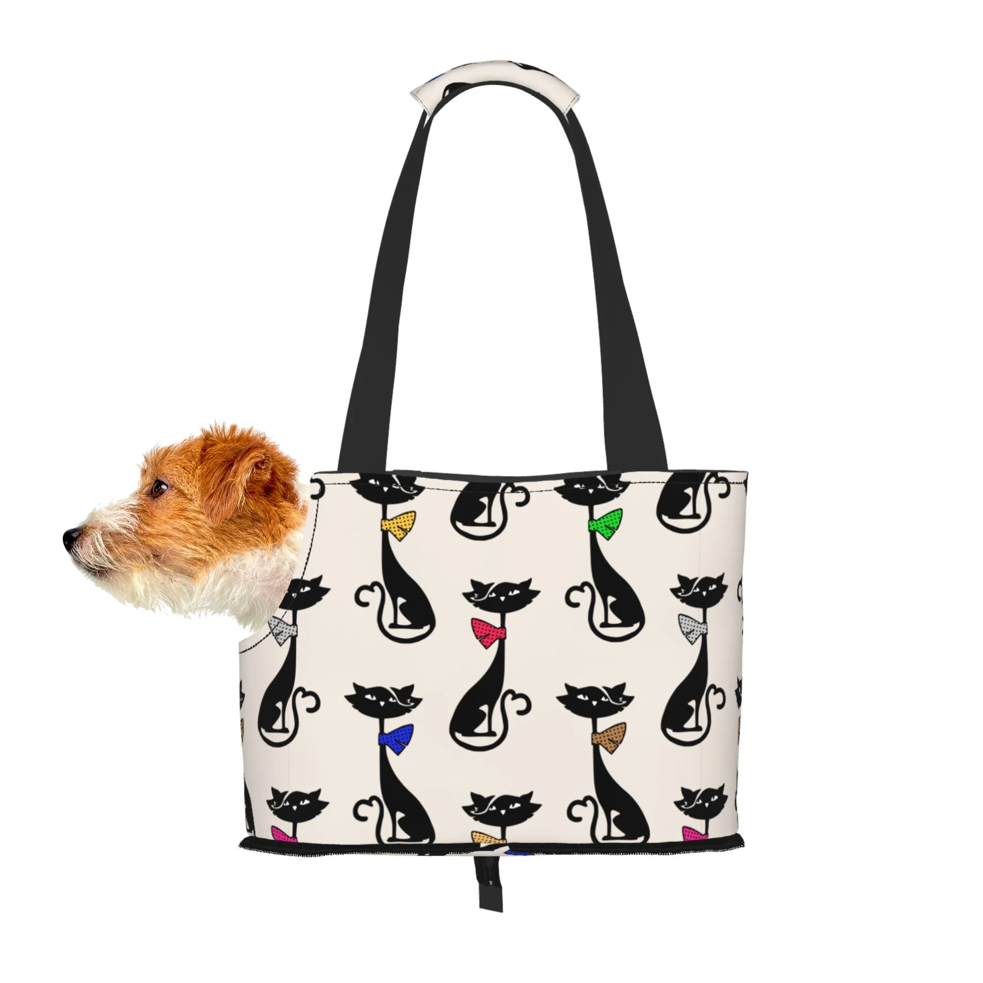 TEQUAN Foldable Dog Purse Carrier, Collapsible Cute Cartoon Cats Kitten Prints Pet Travel Tote Bag for Small Cat Puppy, Waterproof Dog Soft-Sided Carriers