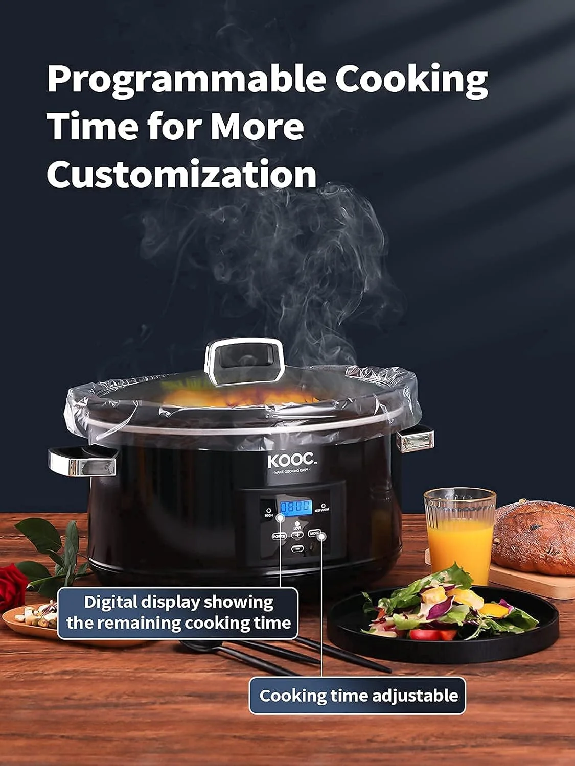 [Bundle Group] YONG Programmable Slow Cooker 8.5-Quart (with 5 Bonus Free Liners) + Additional 3 Pack of 30 Liners for Easy Clean-up, Upgraded Pot, Adjustable Temp, Nutrient Loss Reduction