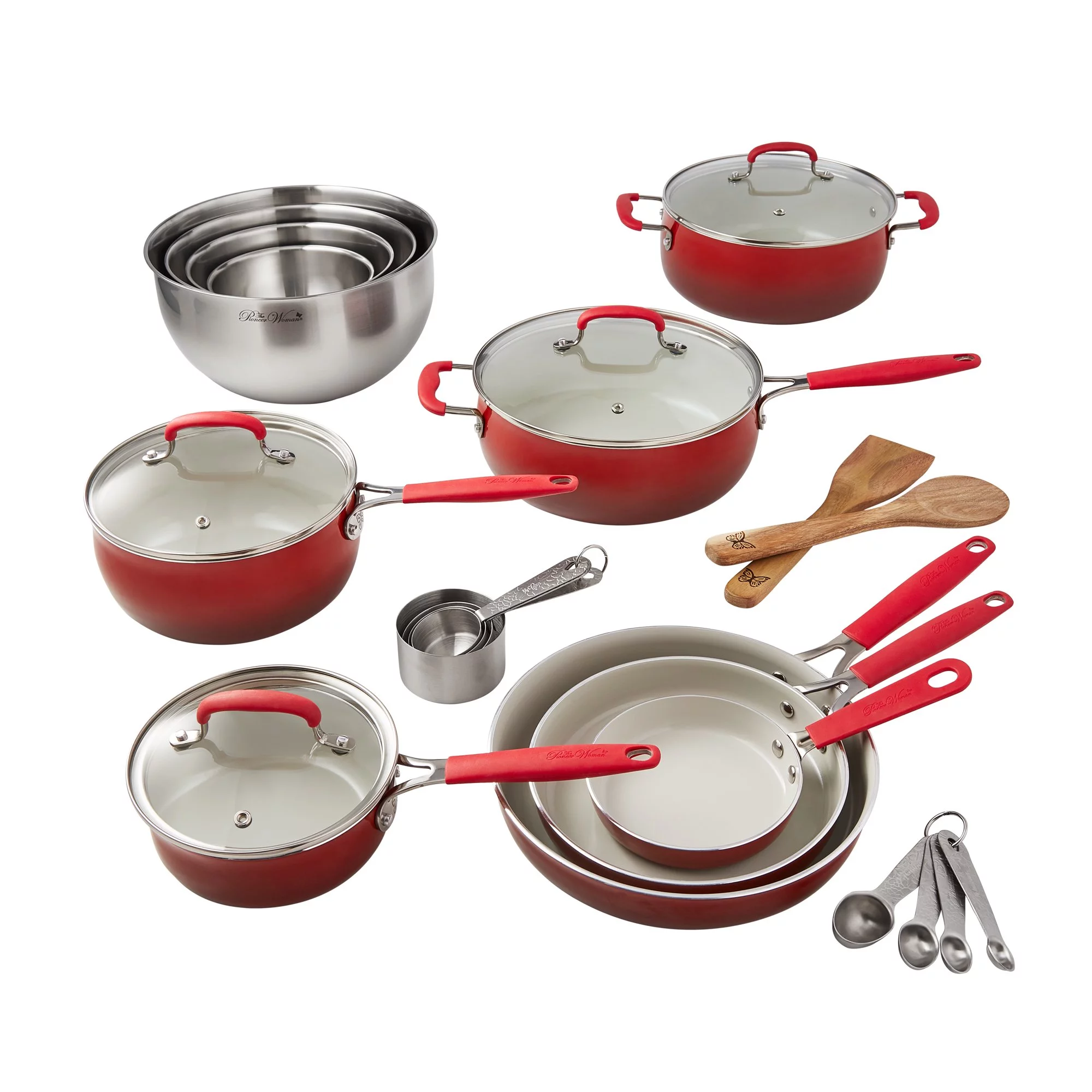 The Pioneer Woman 25 Piece Ceramic Nonstick Aluminum Easy Clean Cookware Set, Ombre Red