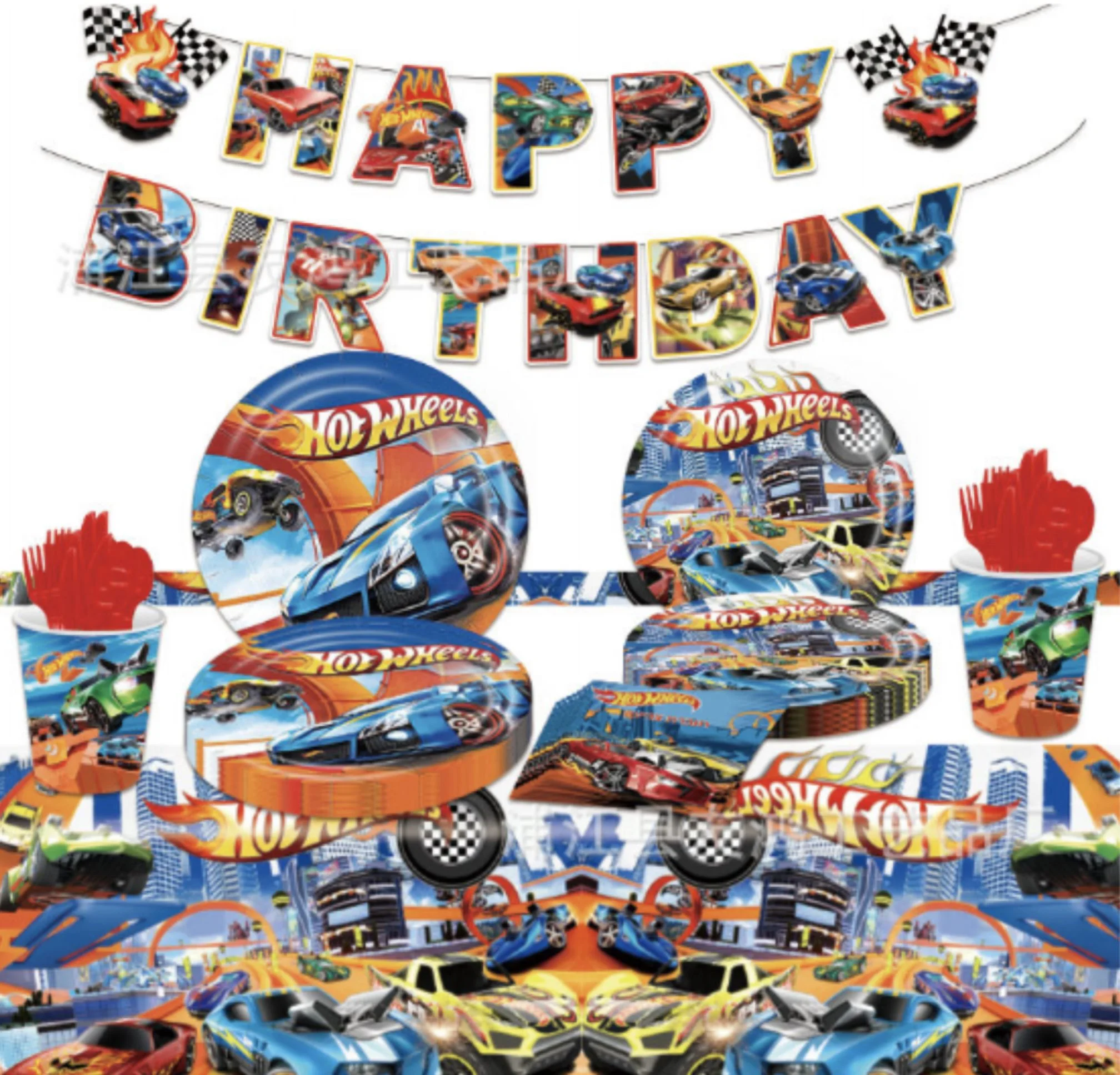 Hot car wheel decoration for kids birthday party kit, plates, banner, plates tablecloth, napkins, blue and red