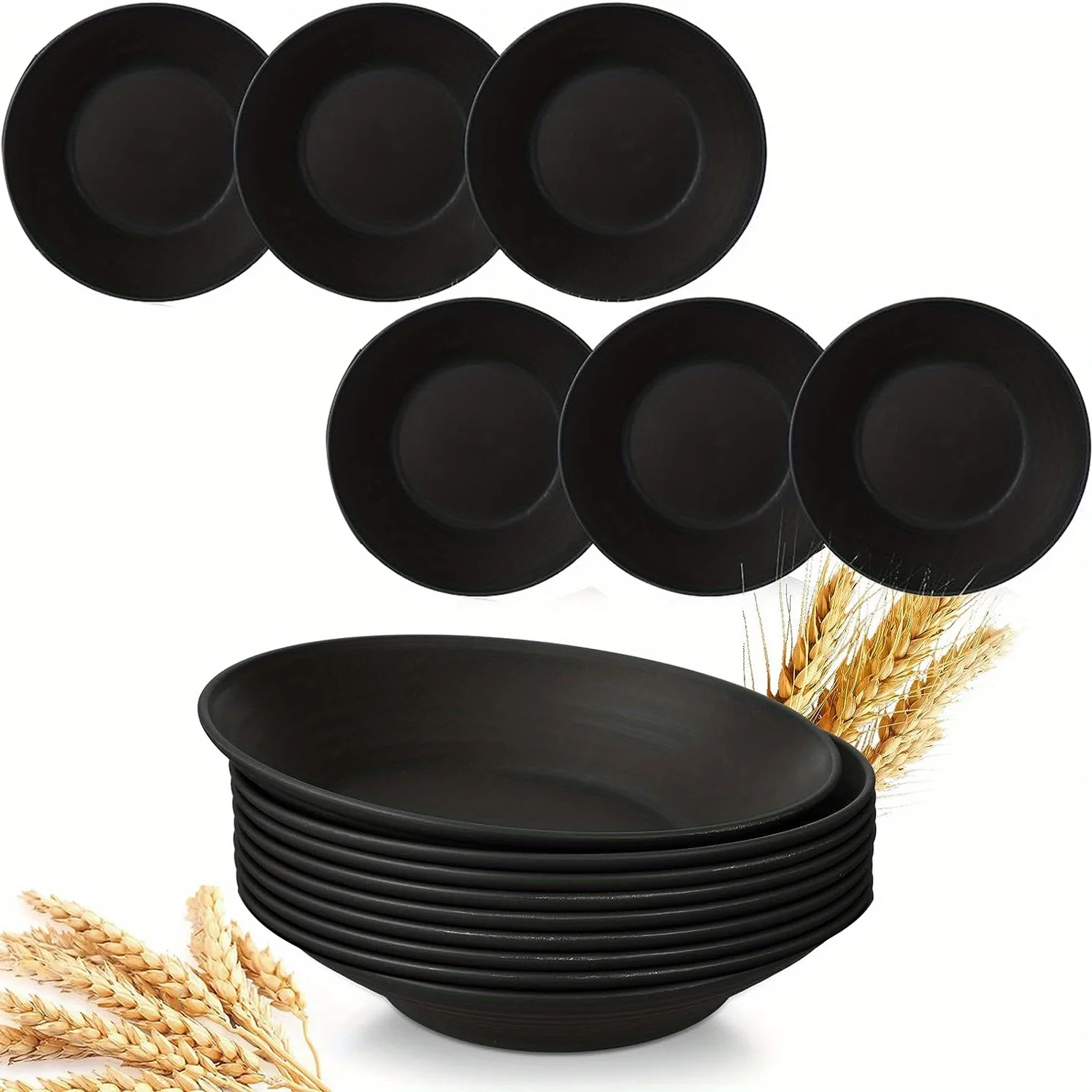 6 Pcs 9 Inch Wheat Straw Tray, Lightweight Plastic Dish Cutlery Unbreakable Reusable Dishwasher Microwave Kitchen Cutlery Deep Dinner Plate, Reusable Wheat Straw Dinnerware, Plastic Plates Alternative