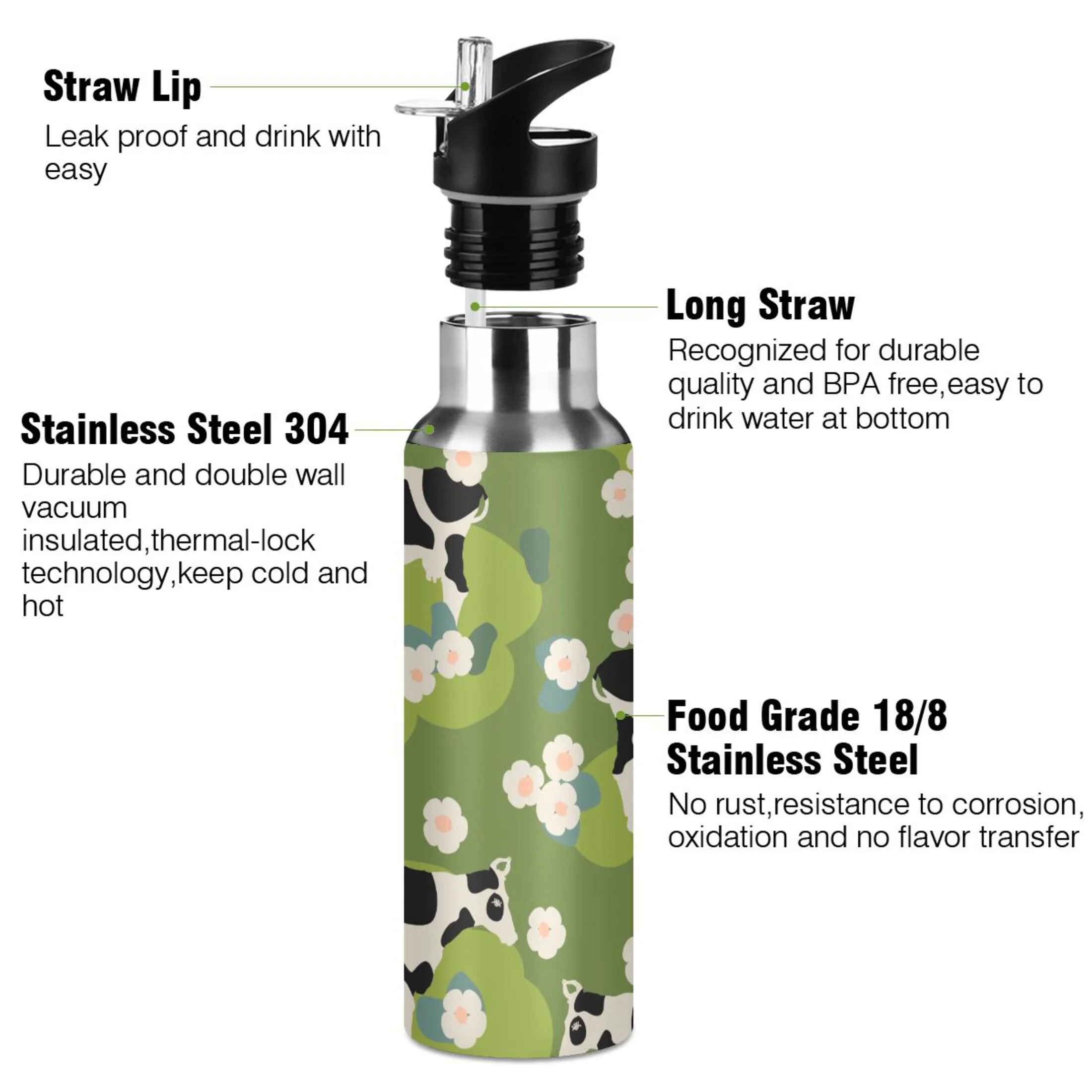 Stainless Steel Water Bottle Green Cow Flowers with Straw Lid Vacuum Insulated Leak Proof Flask Jug for Gym Travel Sports Cycling Outdoor 20 OZ