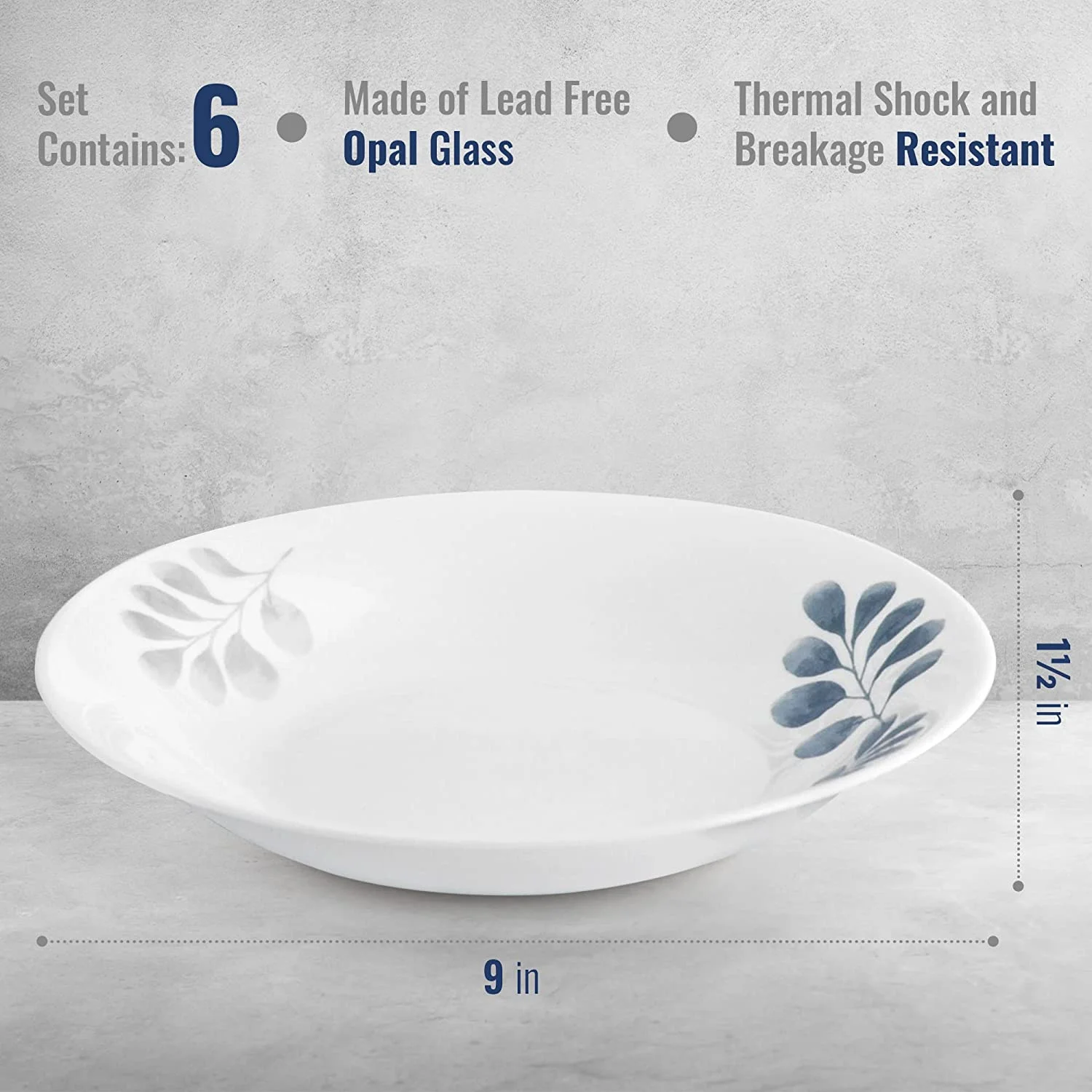 Bormioli Rocco Set Of 6, White Moon Botanica Blue 9 Inch Pasta Bowls Tempered Opal Glass Dishes, Made In Spain