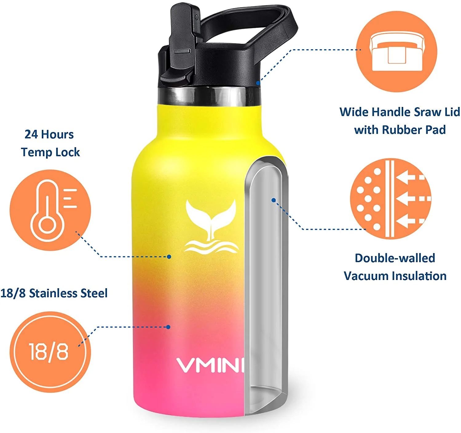 Vmini Kids Water Bottle - Insulated Water Bottle with Straw, Standard Mouth Stainless Steel & Vacuum, New Straw Lid with Wide Handle, Gradient Yellow+Pink & 12 oz