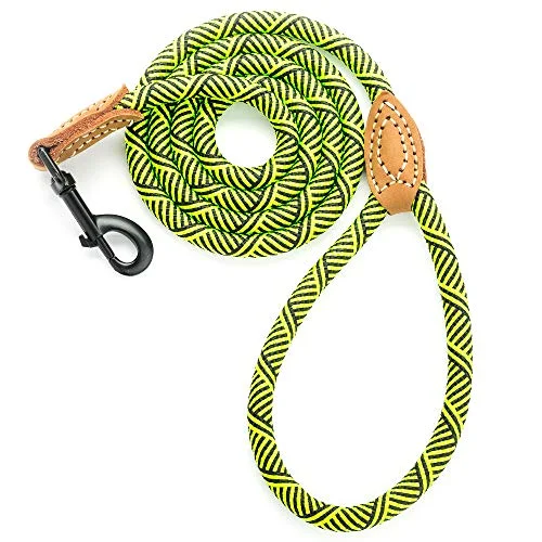 Mile High Life Mountain Climbing Dog Rope Leash with Heavy Duty Metal Sturdy Clasp Genuine Leather Tailored Connection with Strong Stitches 72 Inch (Pack of 1) Lime Green