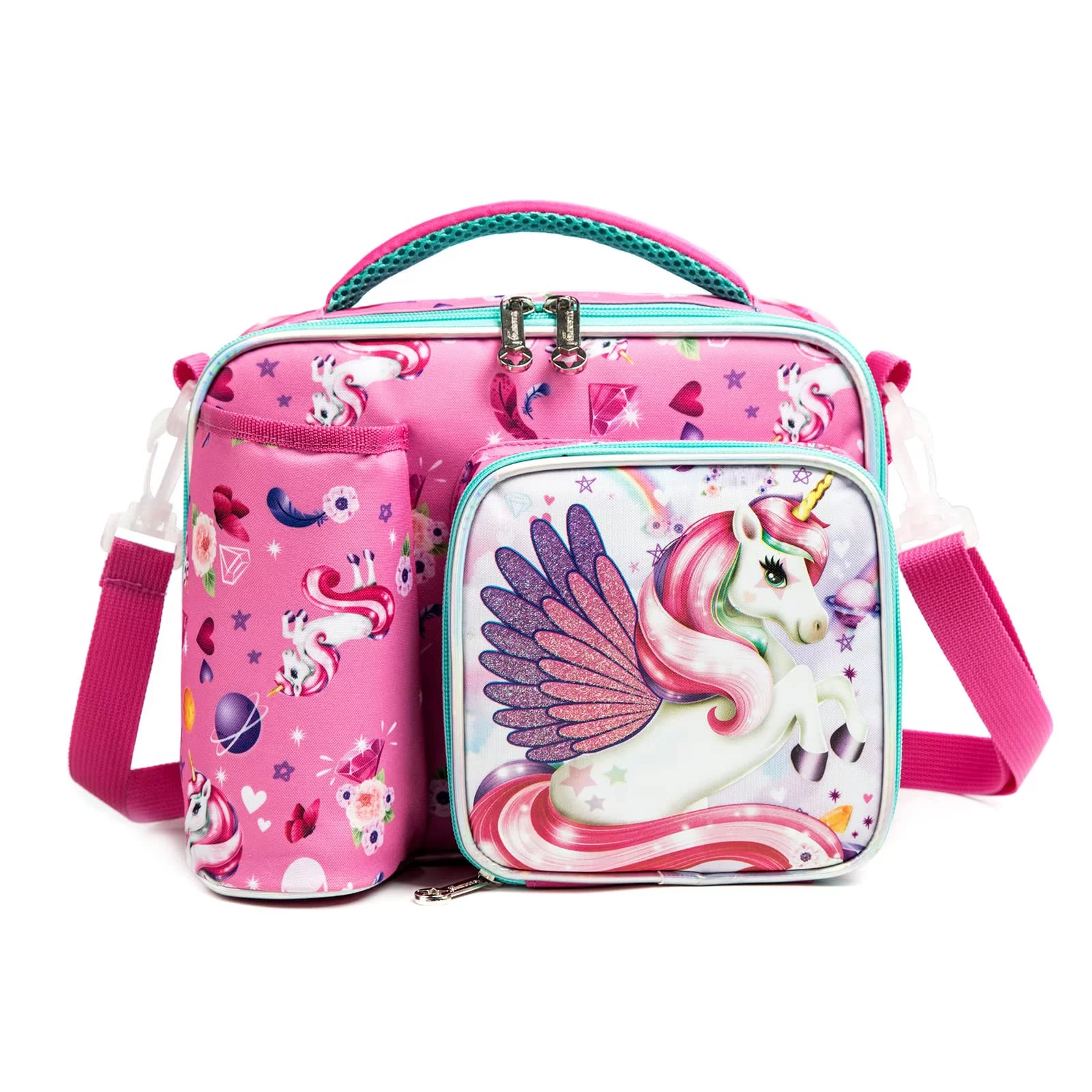 Kids Lunch Bag Insulated Cooler Tote Bag with Bottle Holder,3 Compartments Lunchbox Bag for Boys Girls School Travel,Pink Unicorn