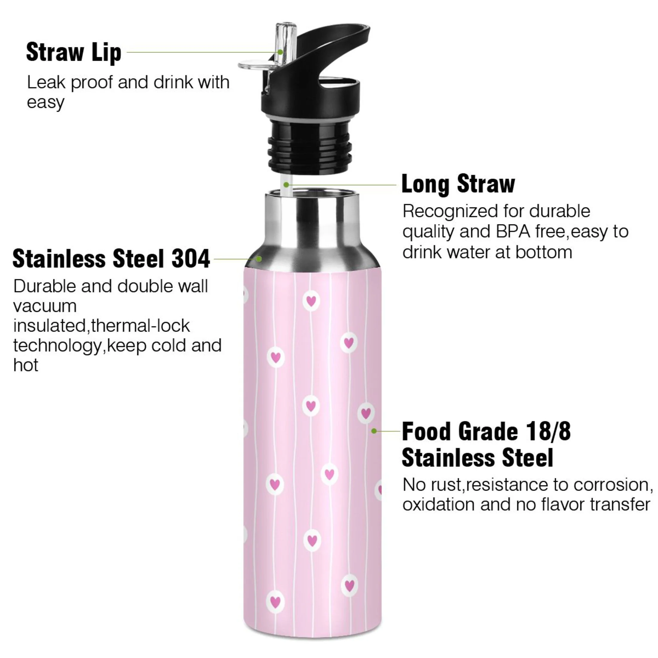 Stainless Steel Water Bottle Red Love Heart on Pink Stripes with Straw Lid Vacuum Insulated Leak Proof Flask Jug for Gym Travel Sports Cycling Outdoor 20 OZ