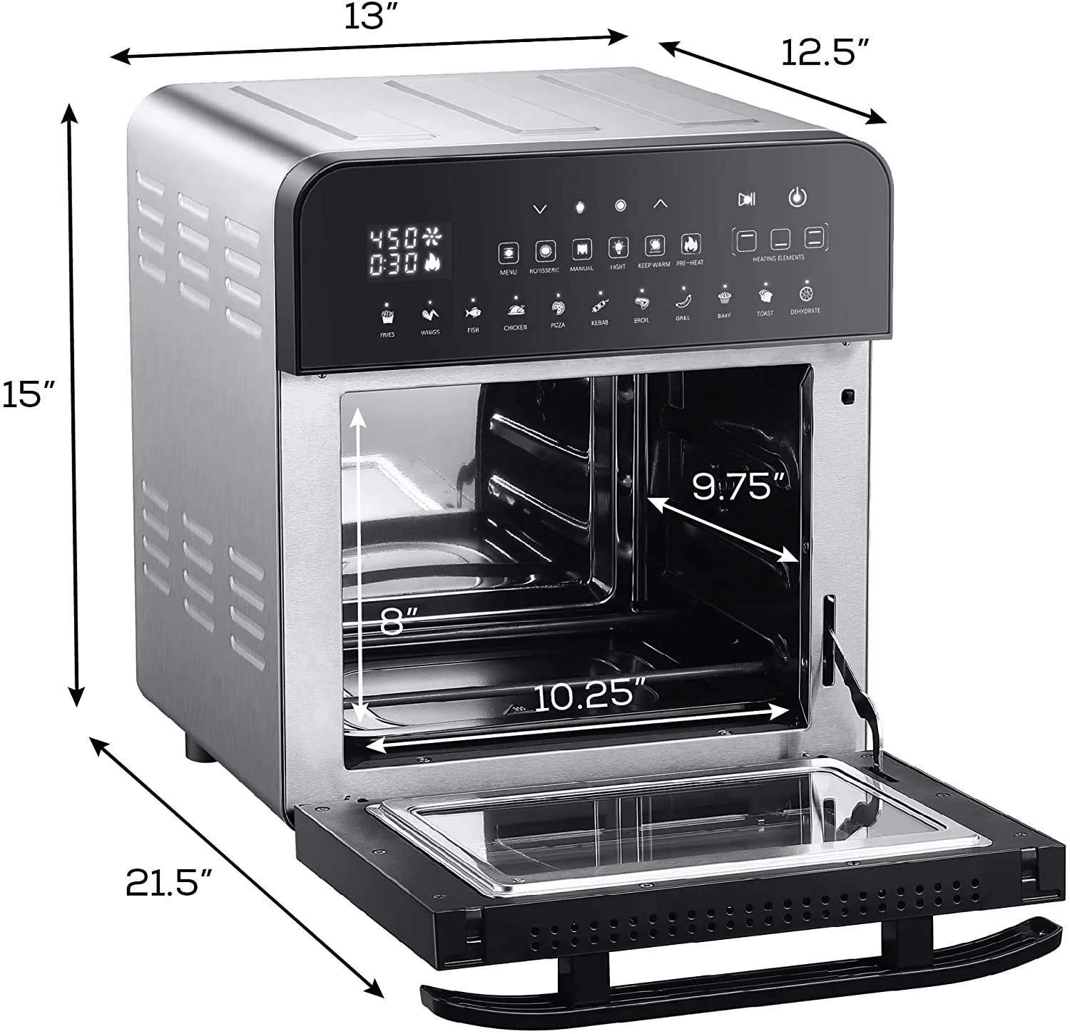 Stainless Steel and Black Ultimate 14.7-Quart Air Fryer Oven Grill with Dual Heating Elements, Cast Aluminum Grill Plate, oven with Rotisserie